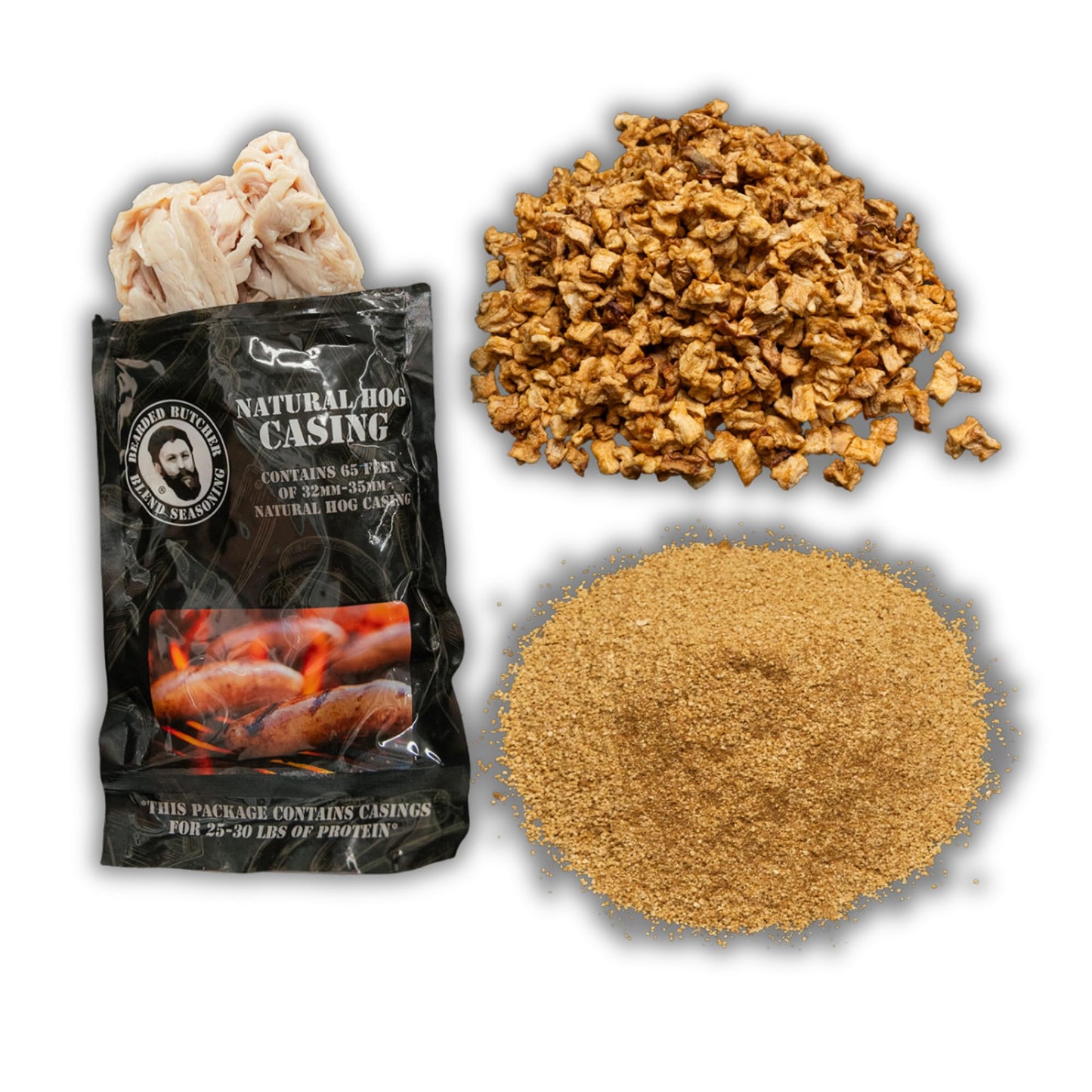 Bearded Butchers Apple Cinnamon Bratwurst DIY Kit - Sweet & Savory Brats - Includes Apple Cinnamon Seasoning, Dried Apples & 32mm-35mm Natural Hog