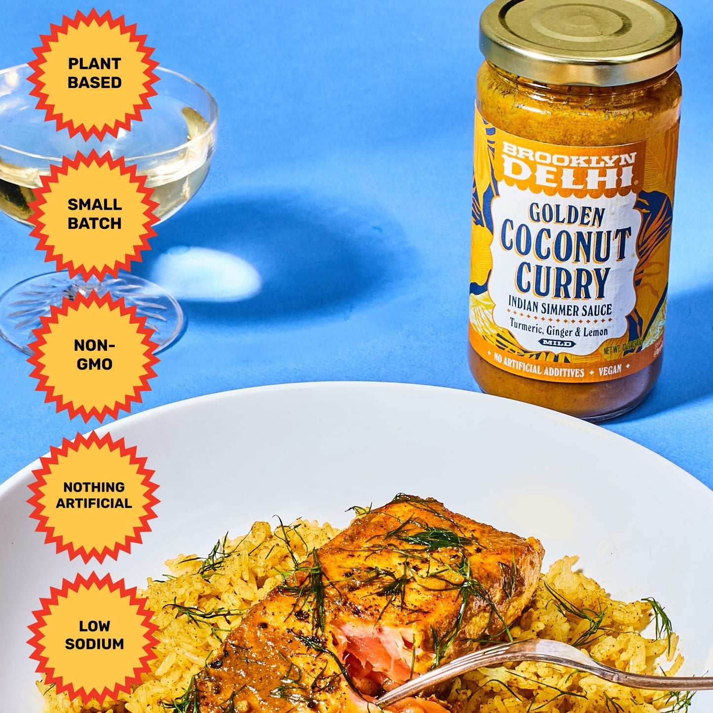 Brooklyn Delhi Golden Coconut Curry - Indian Simmer Sauce with Turmeric, Ginger, Lemon, & Coriander - 12 Ounces - Mild Enough for a kid, Flavorful