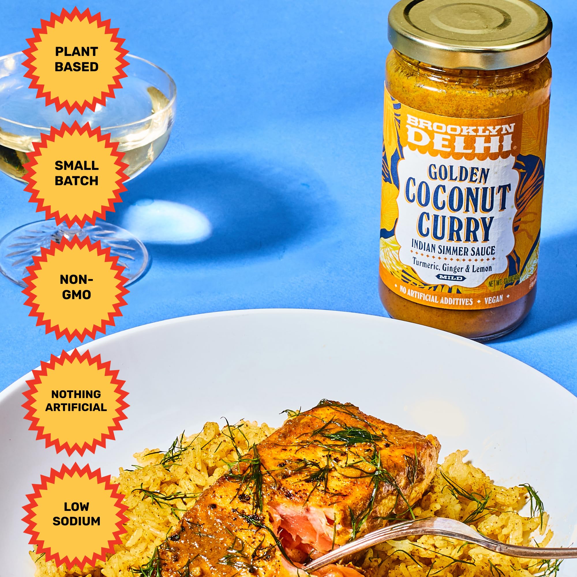 Brooklyn Delhi Golden Coconut Curry - Indian Simmer Sauce with Turmeric, Ginger, Lemon, & Coriander - 12 Ounces - Mild Enough for a kid, Flavorful