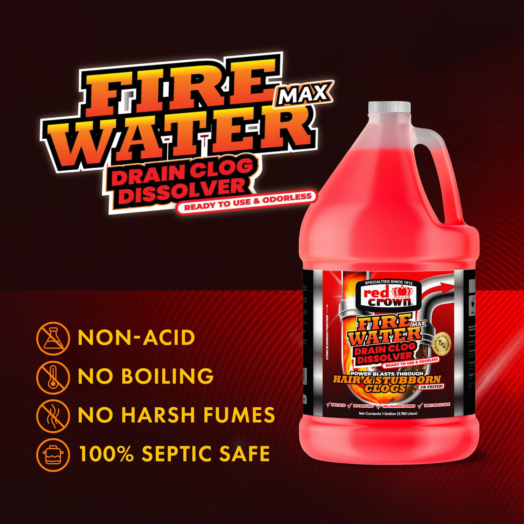 Fire Water Max Drain Clog Dissolver, Hair Clog Liquid Cleaner & Remover for Any Sink Shower Tub Pipe Drains Septic Safe, 5X Faster Action, 1 Gallon, 2