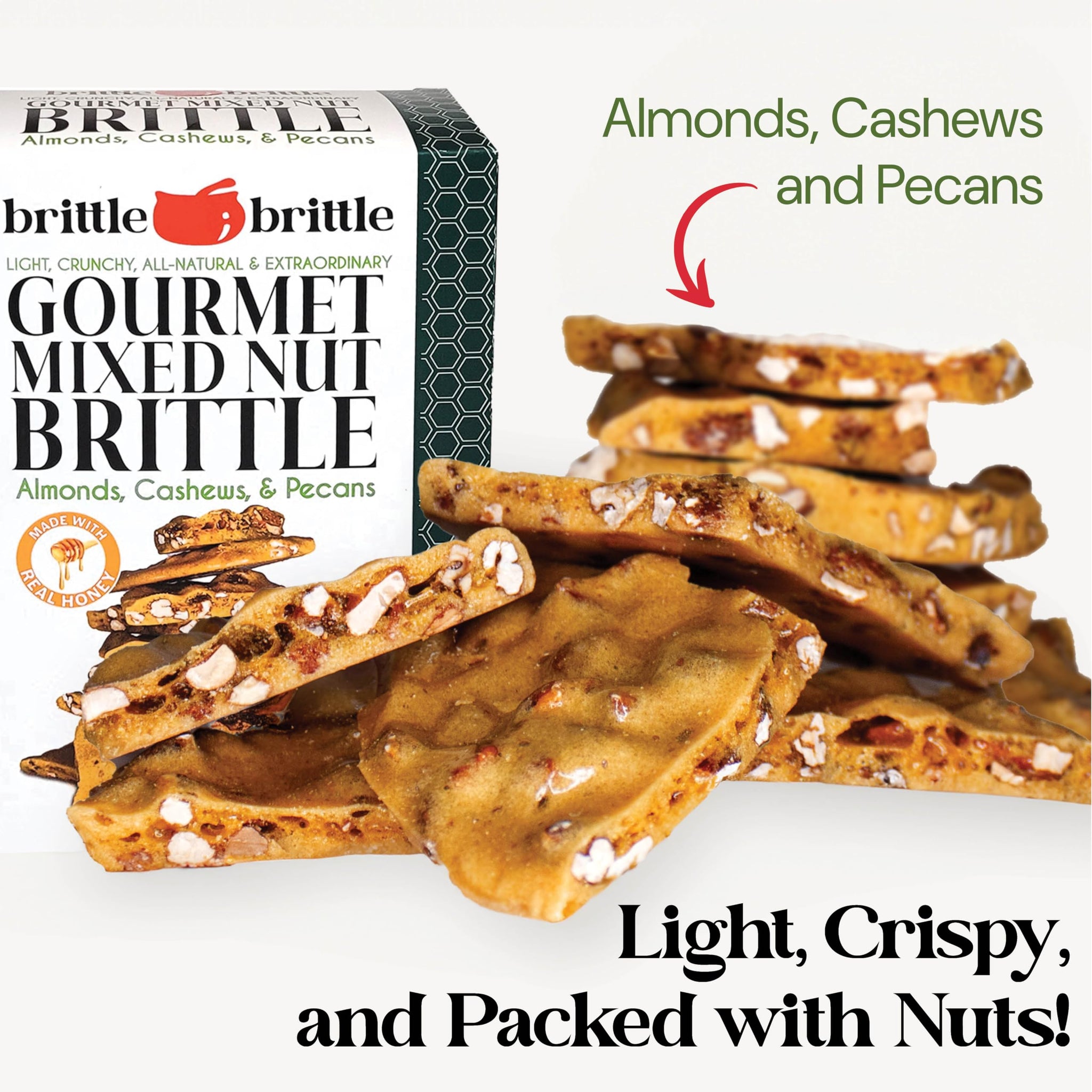 brittle-brittle Mixed Nut Brittle Candy, Handmade Gourmet Treat with Honey, Almonds, Cashews, Pecans, Gluten Free, Perfect Snack or Gift, 12 oz