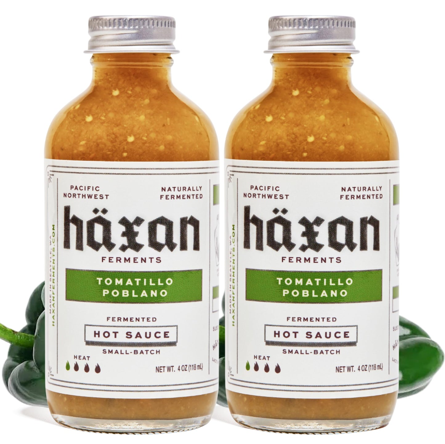 Haxan Ferments Tomatillo Poblano Hot Sauce (4 oz, 2 Count) - Mild Heat (Level 1/5) - Lacto-Fermented for Umami Depth - Made with Green Apples & Fresh