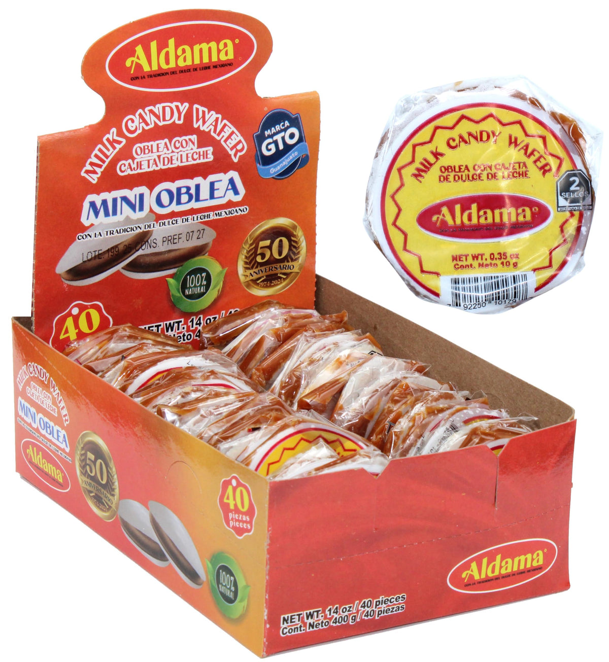 Aldama Mini Oblea Milk Candy Wafer with Cajeta de Leche, 100% Natural, 14 oz, 40 Pieces