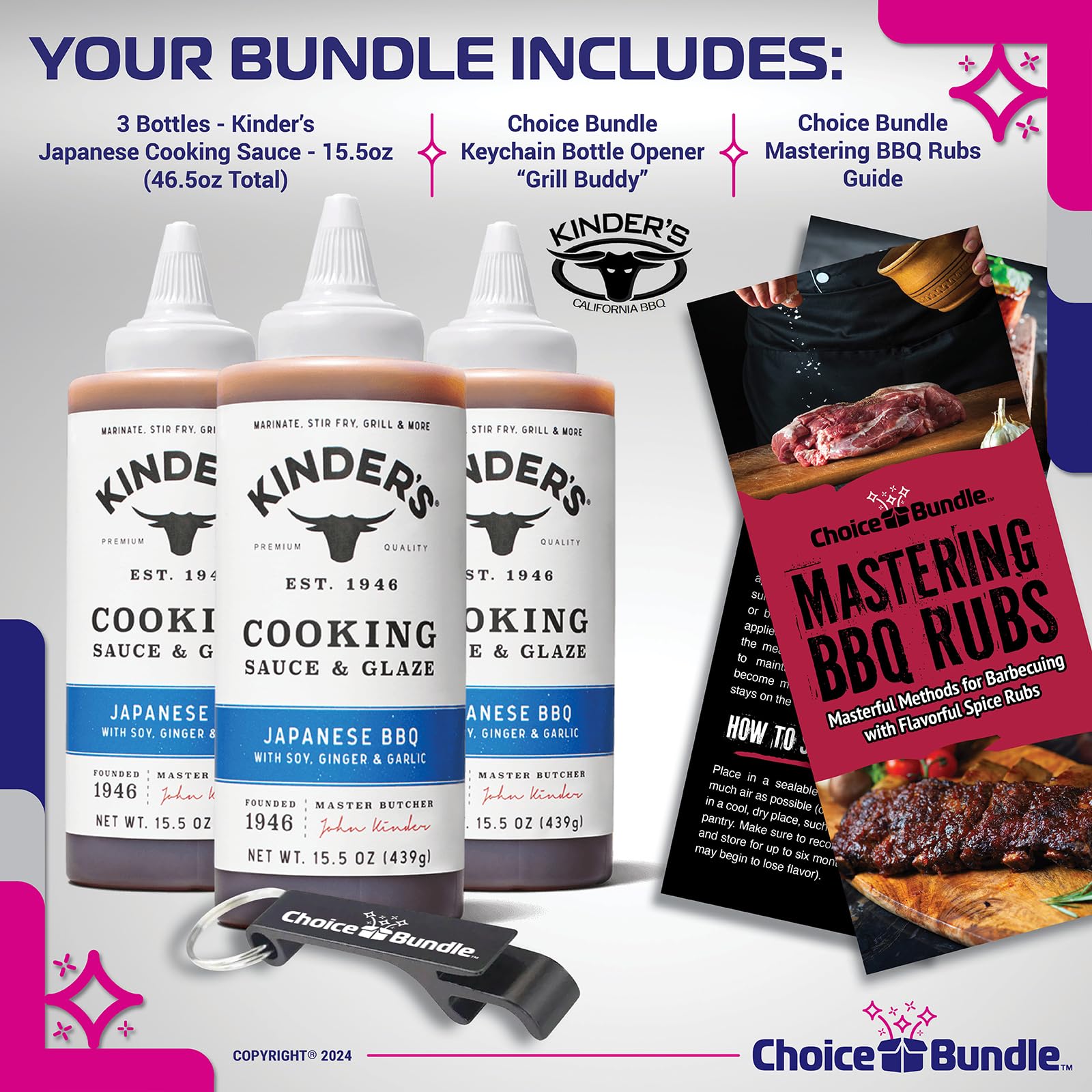 Kinder’s Japanese BBQ Cooking Sauce & Glaze 3 Pk (46.5 oz) - with Soy, Ginger & Garlic to Marinate, Stir-Fry Grill + Barbecue Guide & Bottle Opener (5