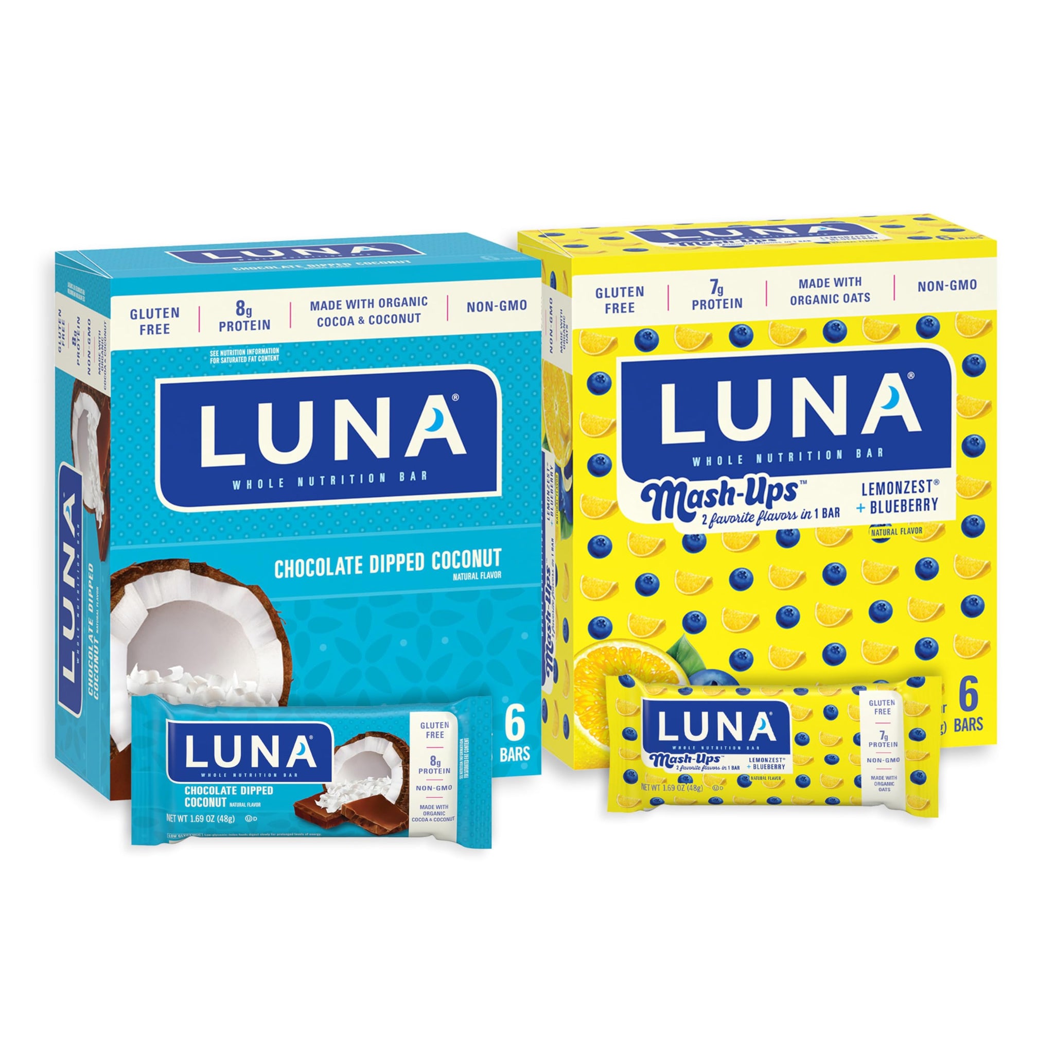 LUNA Bar - Variety Pack - Chocolate Dipped Coconut and LemonZest + Blueberry Mash-Ups Flavor - Snack Bars - Non-GMO - Gluten-Free Protein Bars - Made