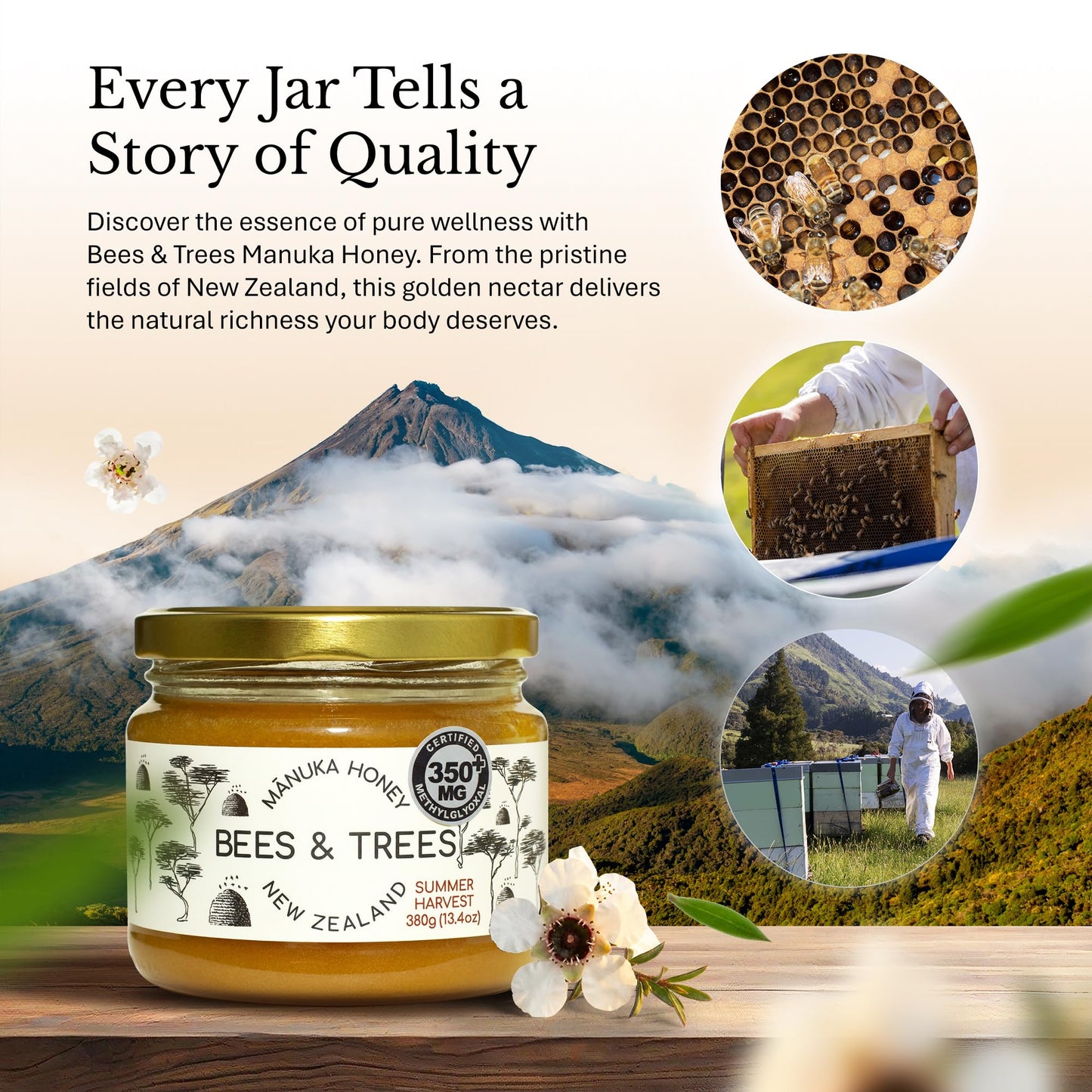 Bees & Trees Manuka Honey 350+ MGO - Raw, Pure New Zealand Monofloral Honey - Unpasteurized & Minimally Filtered - Ideal for Tea, Coffee, Dressings