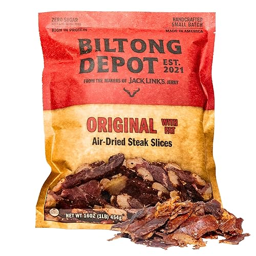 Biltong Depot Original Beef Biltong Slices with Fat - 1lb (16oz) | Air-Dried Beef Jerky Snack | High Protein | Zero Sugar | Keto & Paleo Friendly |