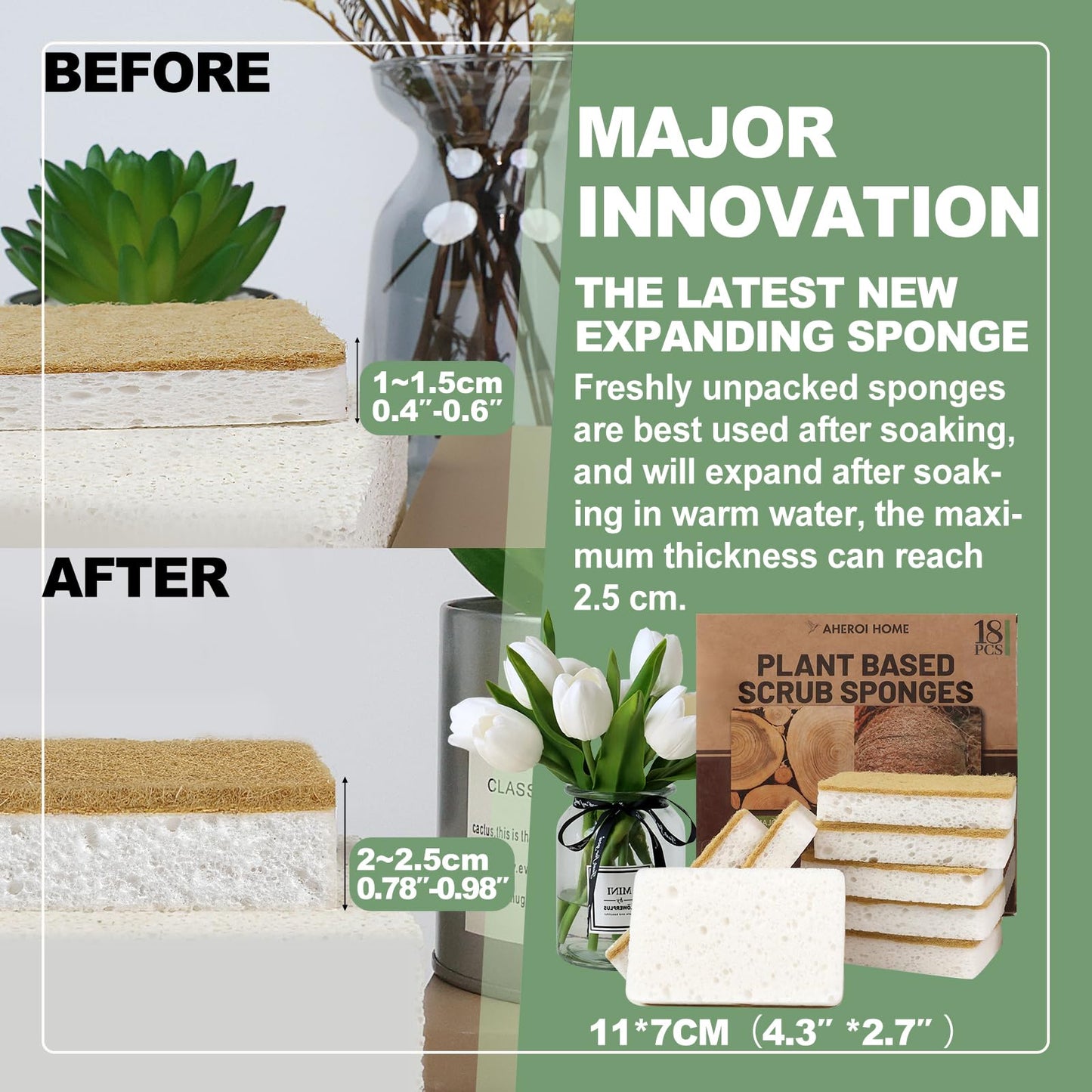 Aheroi Natural Dish Sponge, 18 Count FSC Certified Plant-Based Biodegradable Kitchen Sponges for Dishes, Compostable Eco Friendly Sponges, Organic