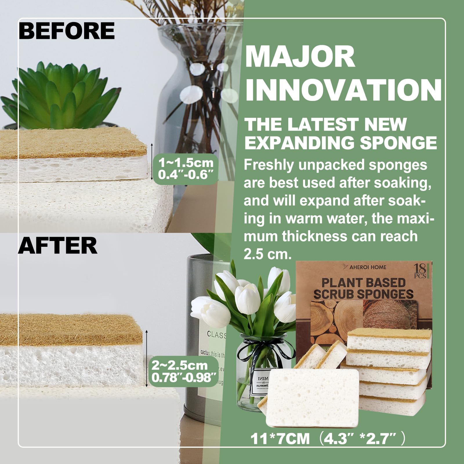 Aheroi Natural Dish Sponge, 18 Count FSC Certified Plant-Based Biodegradable Kitchen Sponges for Dishes, Compostable Eco Friendly Sponges, Organic