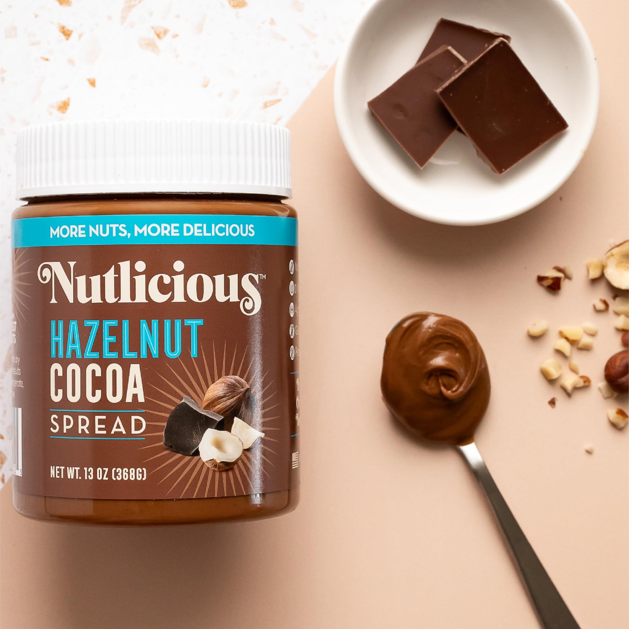 NUTLICIOUS Hazelnut Cocoa Spread (13 oz), Spreadable Roasted Hazelnuts with Cocoa, Made in the USA, No Palm Oil, 4 gm of Protein