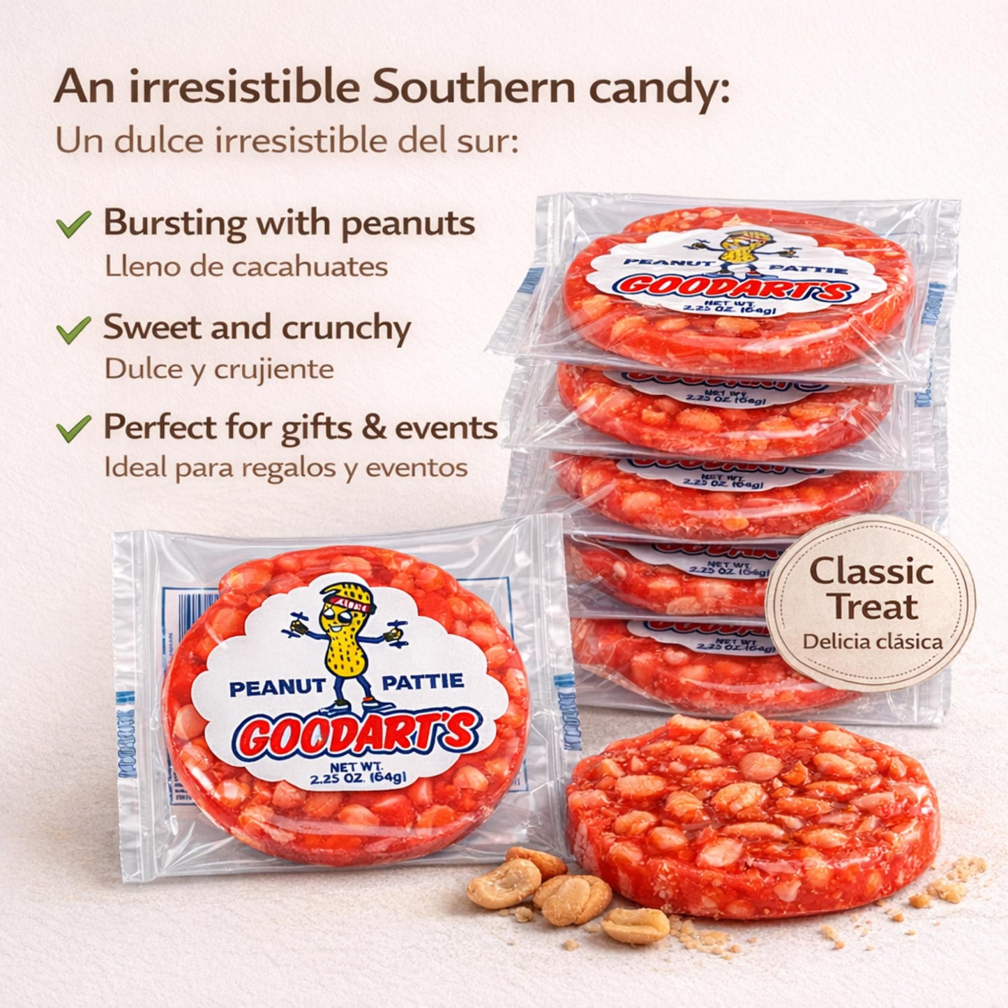 Goodart's 6-Pack Toffee Peanuts 2.25 Oz - Toffee Nuts, Sweet Nuts, Peanut Patties, Peanut Butter Bars Candy, Salted Nut Roll Candy Bars - Delicious
