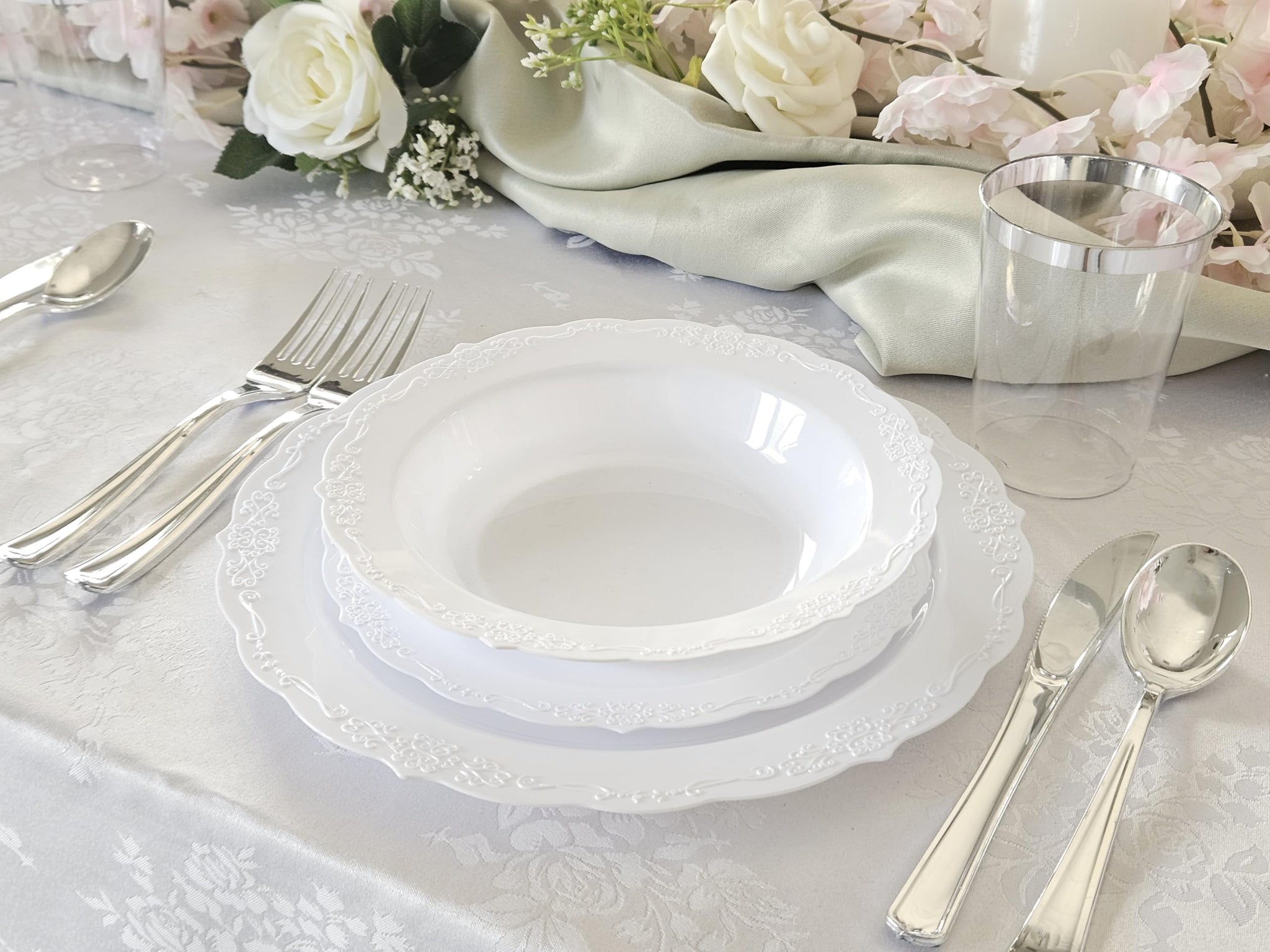 " OCCASIONS " 60 Piece Plates Pack, Disposable Wedding Party Bowls (12oz Soup Bowl, Verona in White)
