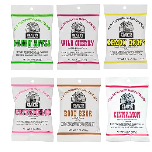 Claeys Old Fashioned Hard Candy - Variety 6 Pack - Green Apple, Wild Cherry, Lemon Drops, Watermelon, Root Beer and Cinnamon - Since 1919