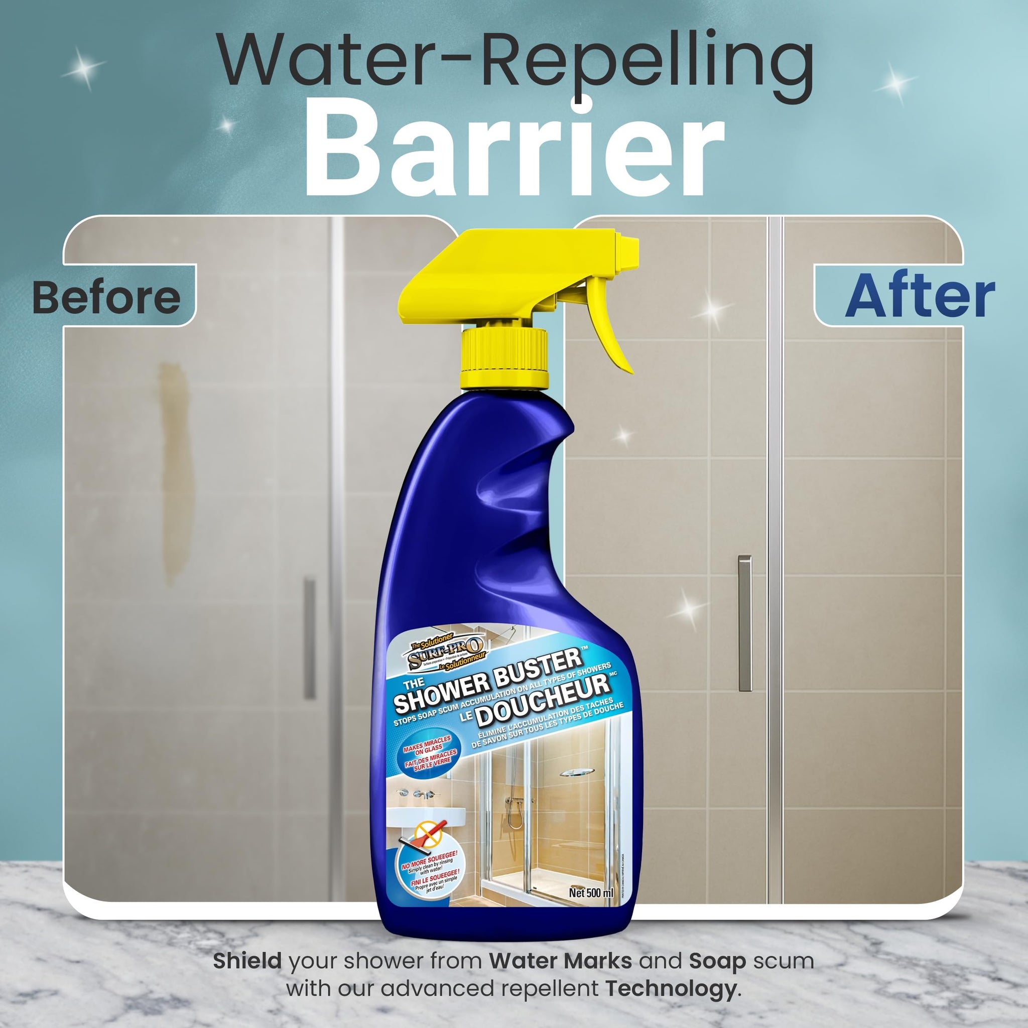 SURF PRO Shower Glass Door Cleaner - Shower Buster Spray for Soap Scum & Hard Water Stains - No Scrub Bathroom Cleaner for Glass, Tile, Chrome