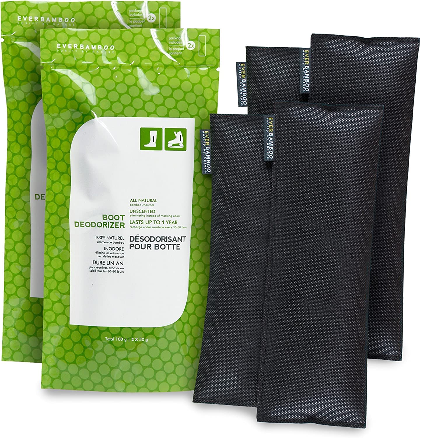 Ever Bamboo Boot Deodorizer - Natural Bamboo Charcoal Odor Absorber, 2 x 50g. Twin pack
