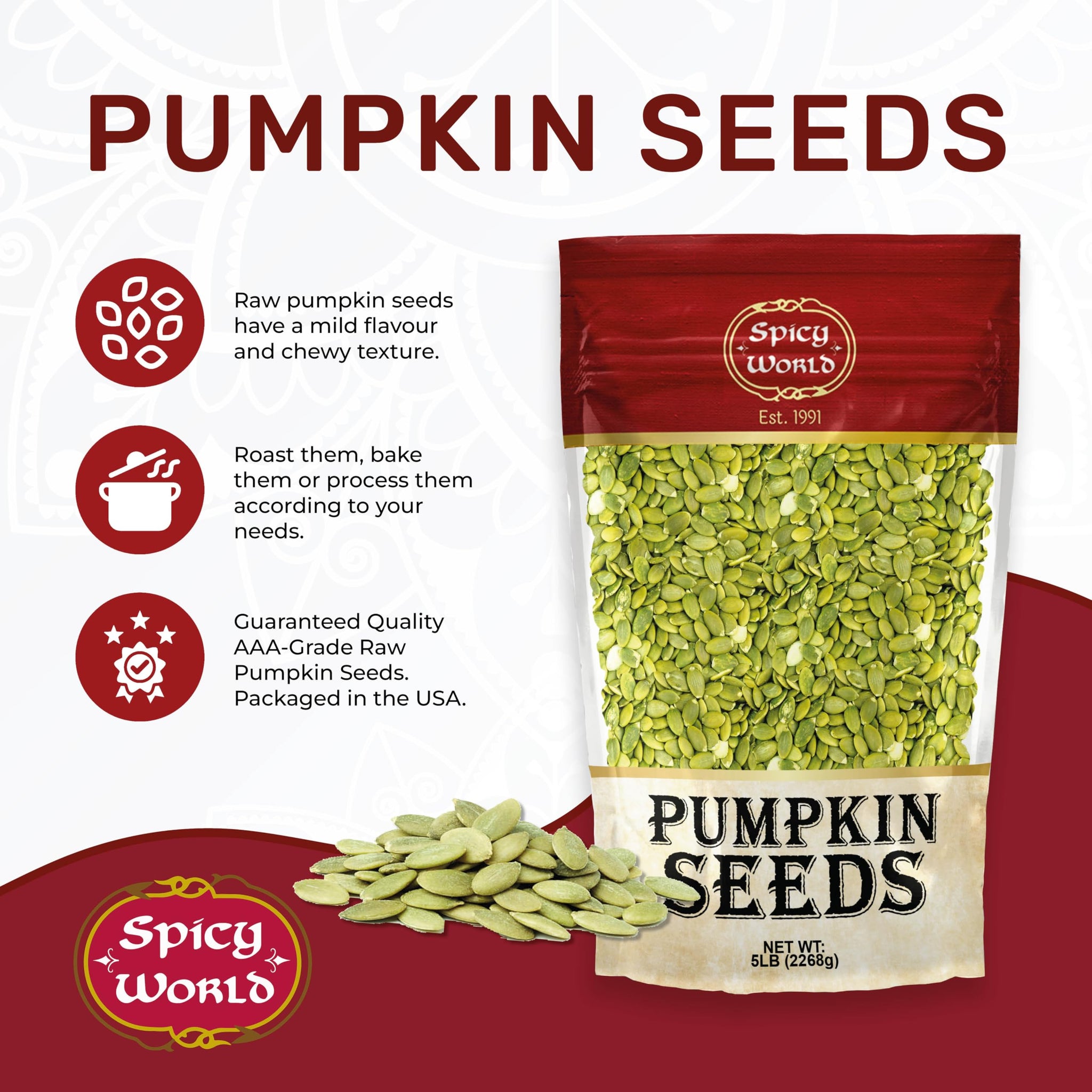 Raw Pumpkin Seeds 5 LB Jumbo Bag - Shelled, AAA Grade, Unsalted, Dry, Vegan, Bulk Bag by Spicy World