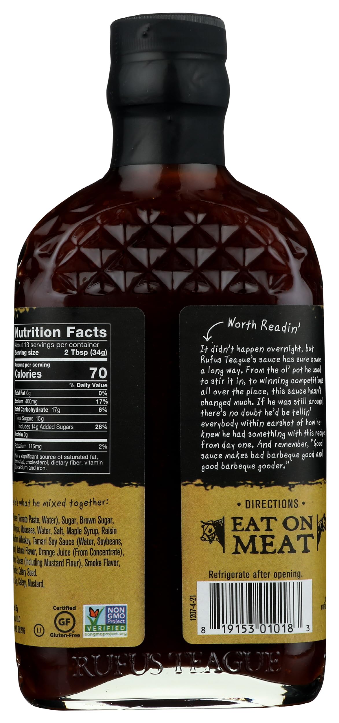 Rufus Teague Whiskey Maple BBQ Sauce, Non-GMO, Gluten-Free, 15.25oz, 1-Pack