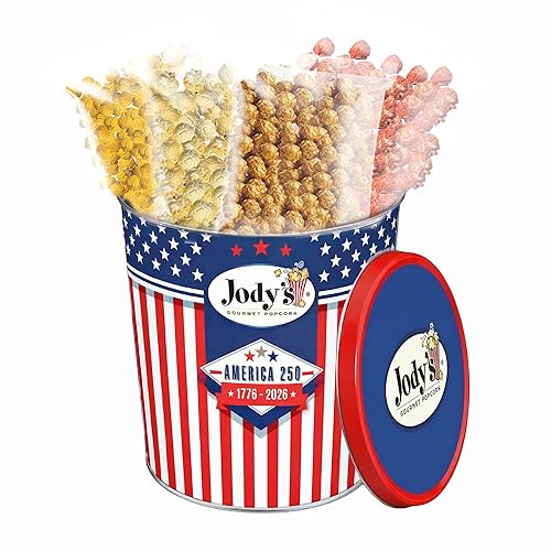 Jody's Gourmet Popcorn Red White & Blue Stripes Tin - 4th of July Popcorn Variety With Caramel Corn, Patriotic Kettle Corn, Double Cheddar, Sea Salt