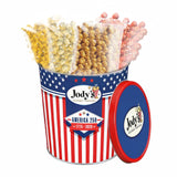 Jody's Gourmet Popcorn Red White & Blue Stripes Tin - 4th of July Popcorn Variety With Caramel Corn, Patriotic Kettle Corn, Double Cheddar, Sea Salt