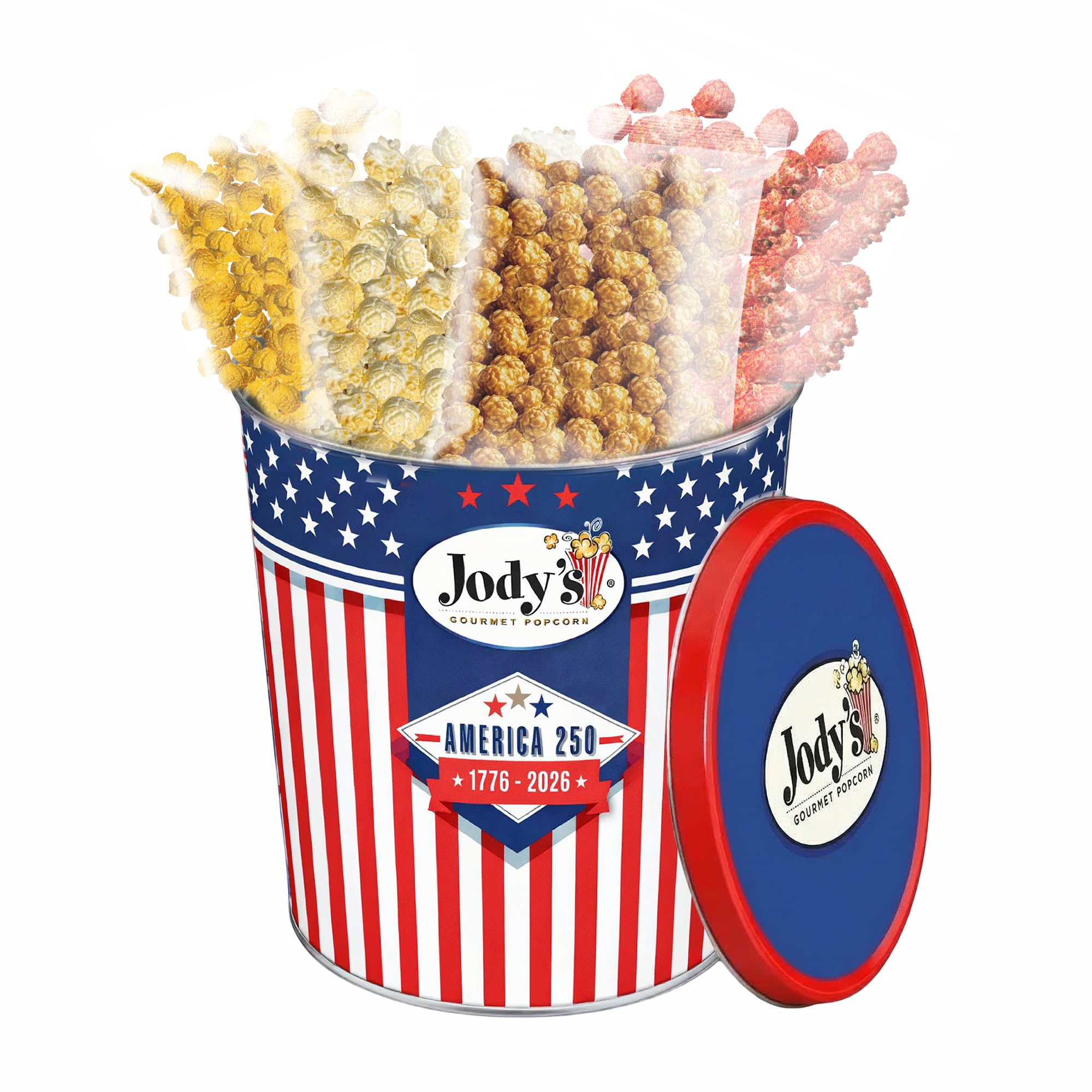 Jody's Gourmet Popcorn Red White & Blue Stripes Tin - 4th of July Popcorn Variety With Caramel Corn, Patriotic Kettle Corn, Double Cheddar, Sea Salt
