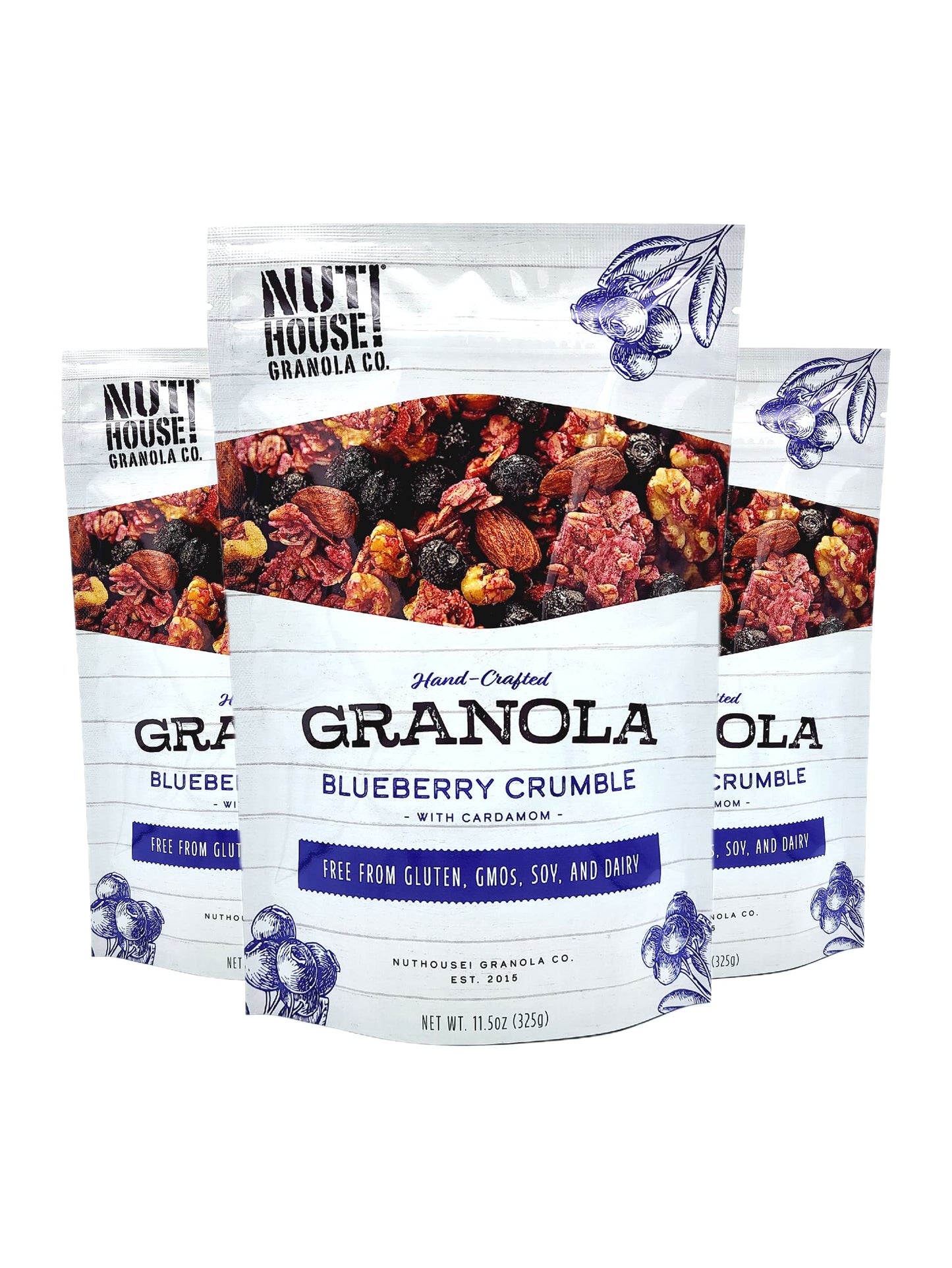 NutHouse! Granola Company - Premium Blueberry Crumble Granola | Certified Gluten-Free, Non-GMO, Kosher | Vegan, Soy-Free | 11.5 oz. Bag (3-Pack)