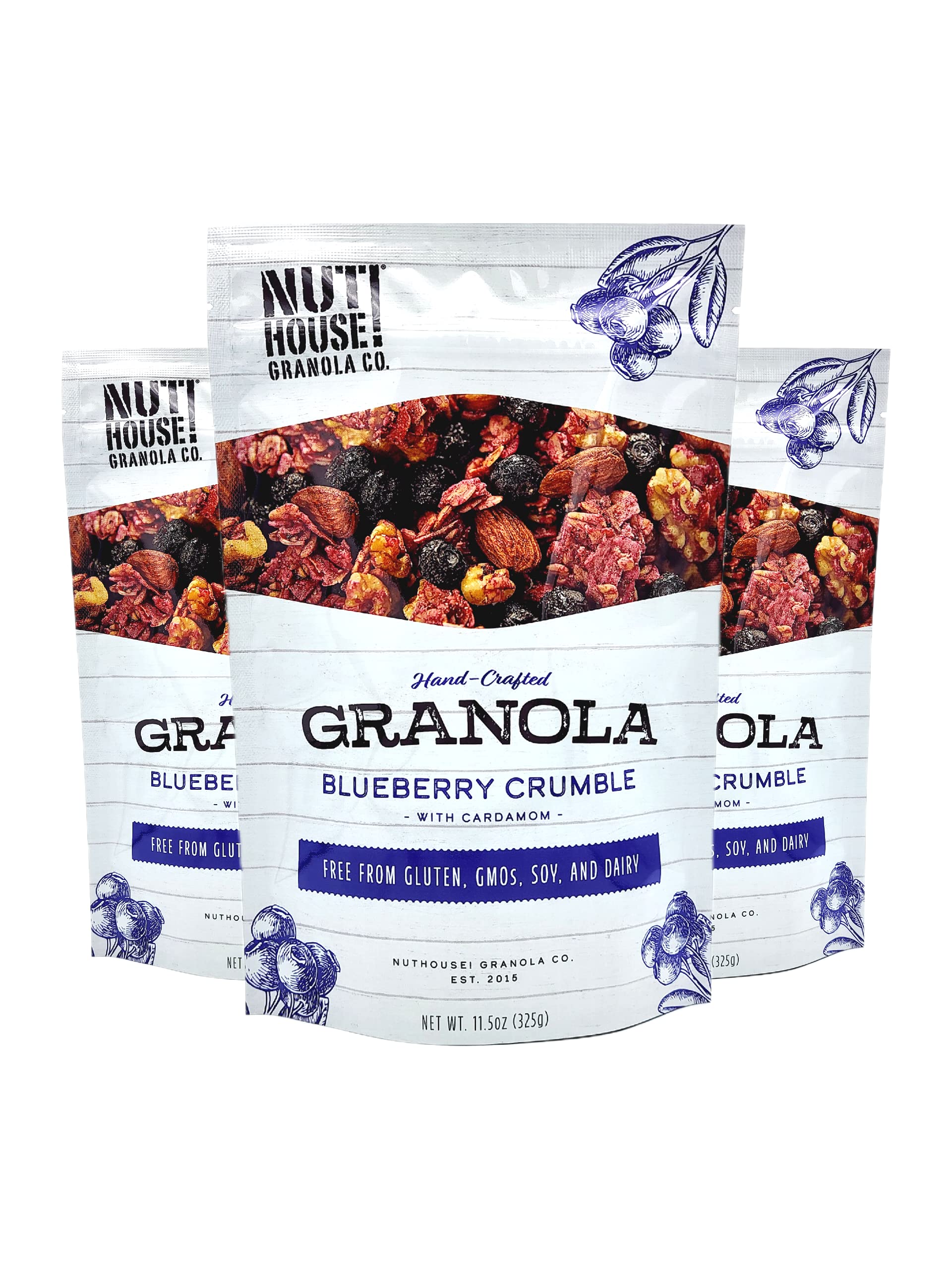 NutHouse! Granola Company - Premium Blueberry Crumble Granola | Certified Gluten-Free, Non-GMO, Kosher | Vegan, Soy-Free | 11.5 oz. Bag (3-Pack)