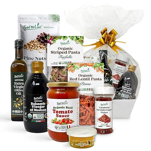 Food To Live Mediterranean Gourmet Gift Basket - Organic Italian Non-GMO Basil Tomato Sauce, Pasta, Balsamic Vinegar of Modena, Extra Virgin Olive