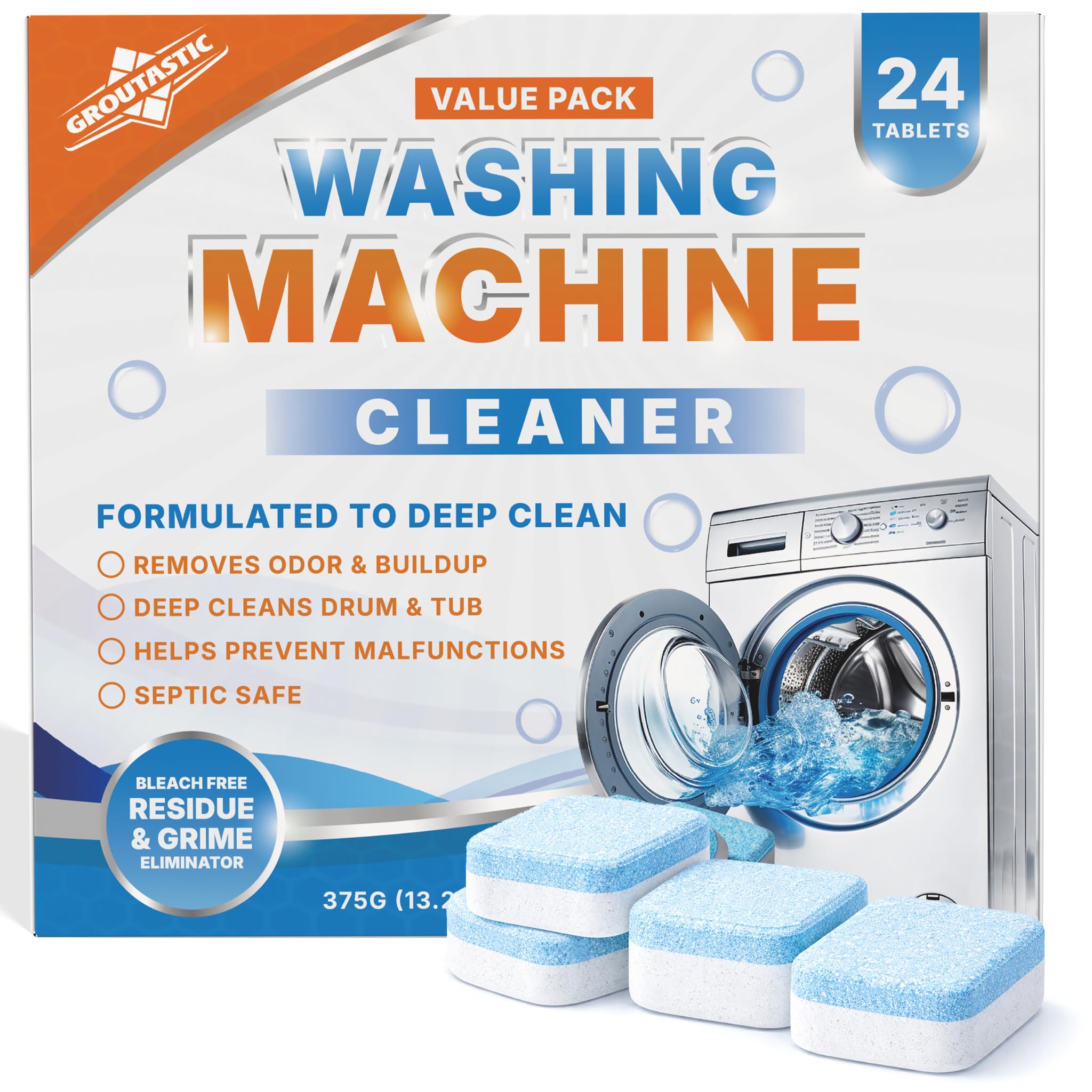 Groutastic Washing Machine Cleaner Tablets 24 Count Deep Cleaning Descaler for Washer Removes Odor Residue and Buildup Works with Front Load and Top