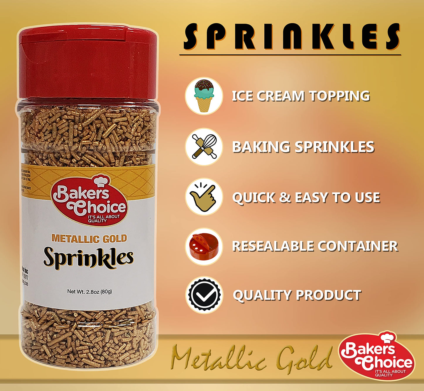 Bakers Choice Metallic Gold Sprinkles for Baking - Jimmies Sprinkles for Ice Cream Toppings - Dairy Free, Kosher 2.8 oz.