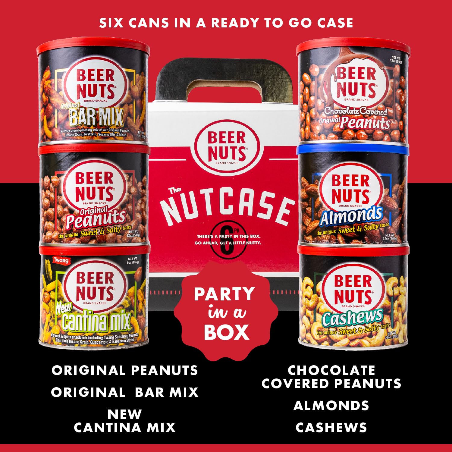 Beer Nuts Brand Snacks, Original Nutcase, Perfect for Gifting, Original Peanuts, Original Bar Mix, Cashews, Almonds, Sweet & Spicy Bar Mix, Resealable
