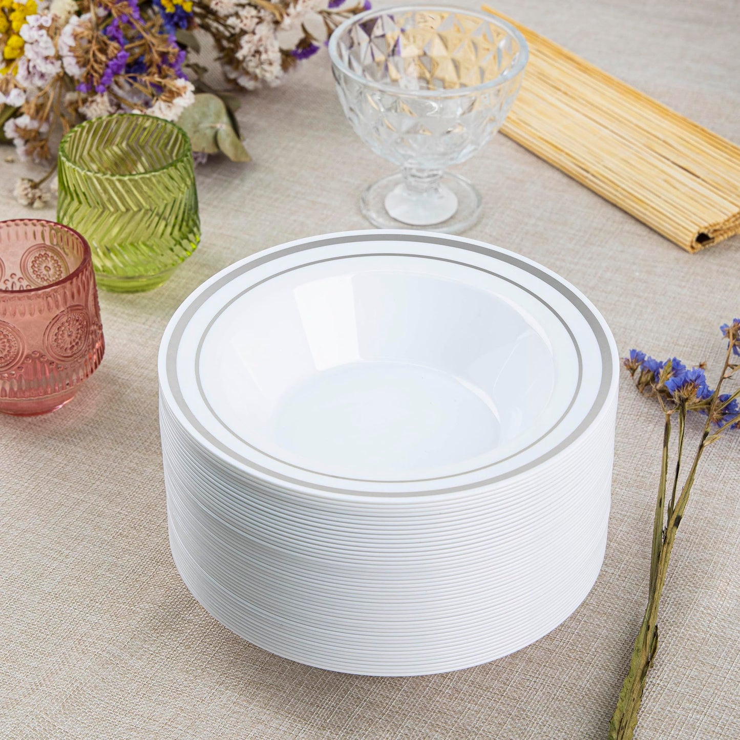 SETUP [12 oz. - 50 Piece Dessert Soup Bowls with Silver Rim, Plastic Bowls Disposable - Premium Heavy-Duty Disposable Soup Bowls for Party, Wedding