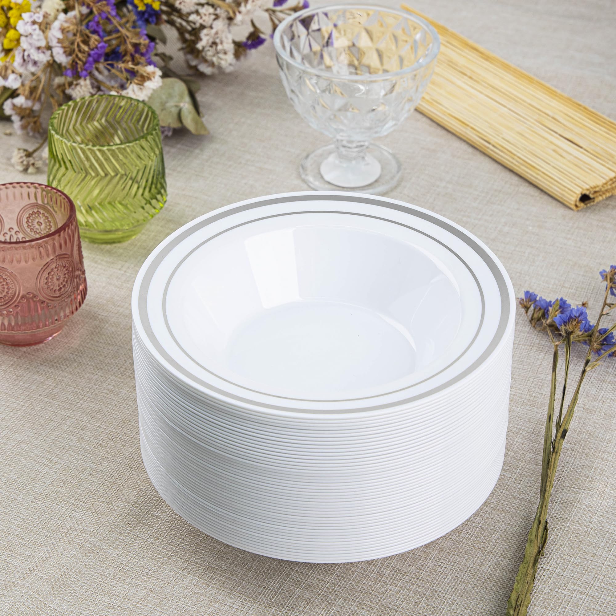 SETUP [12 oz. - 50 Piece Dessert Soup Bowls with Silver Rim, Plastic Bowls Disposable - Premium Heavy-Duty Disposable Soup Bowls for Party, Wedding