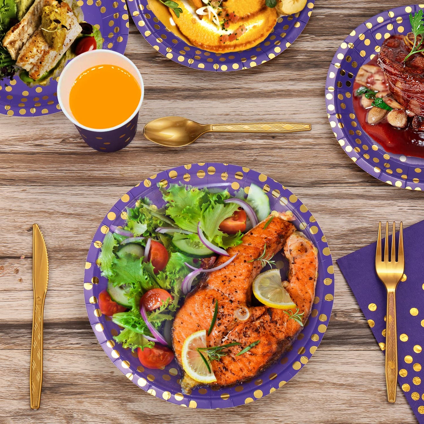 GuoZhiXin Purple and Gold Party Supplies 140 Pieces Golden Dot Disposable Party Dinnerware - Purple Paper Plates Napkins Cups, Gold Plastic Forks