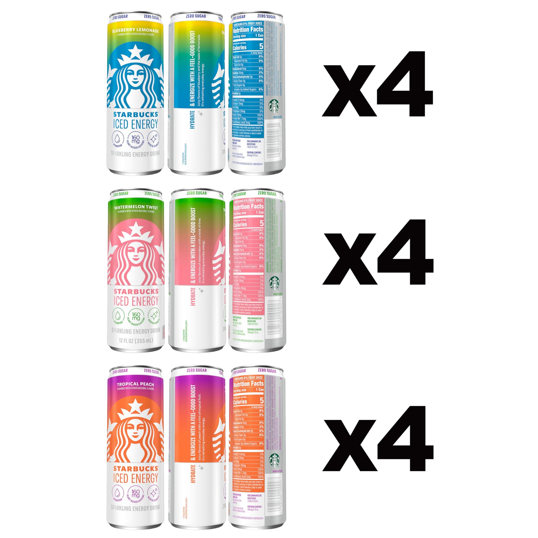 Starbucks Iced Energy Drink, 3 Flavor Variety Pack (Tropical Peach, Watermelon Splash, Blueberry Lemonade), Zero Sugar Energy Drink, Plant Based