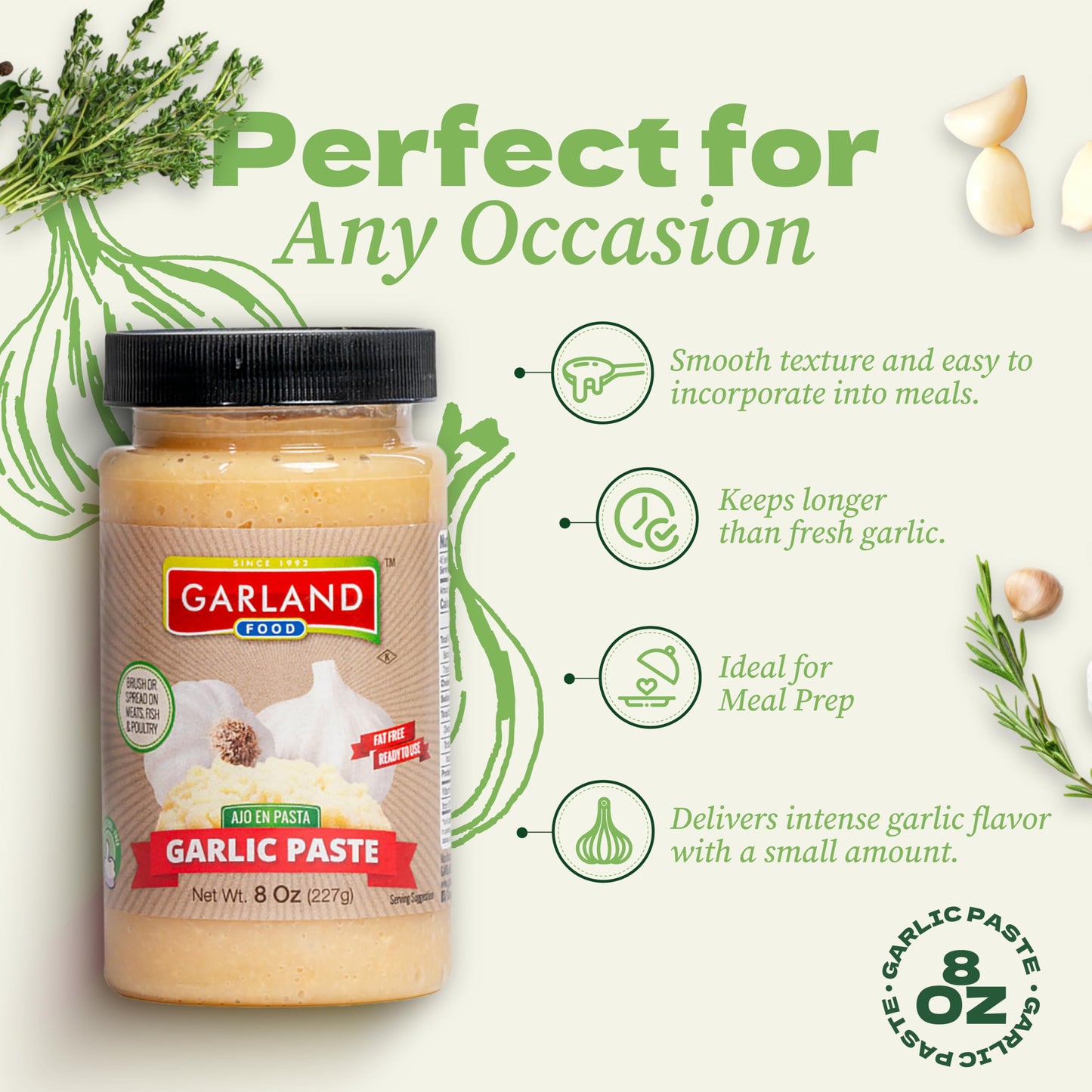 Garland Food Garlic Paste 8 oz - Smooth & Flavorful Garlic Spread for Cooking, Marinades, and Easy Meal Prep
