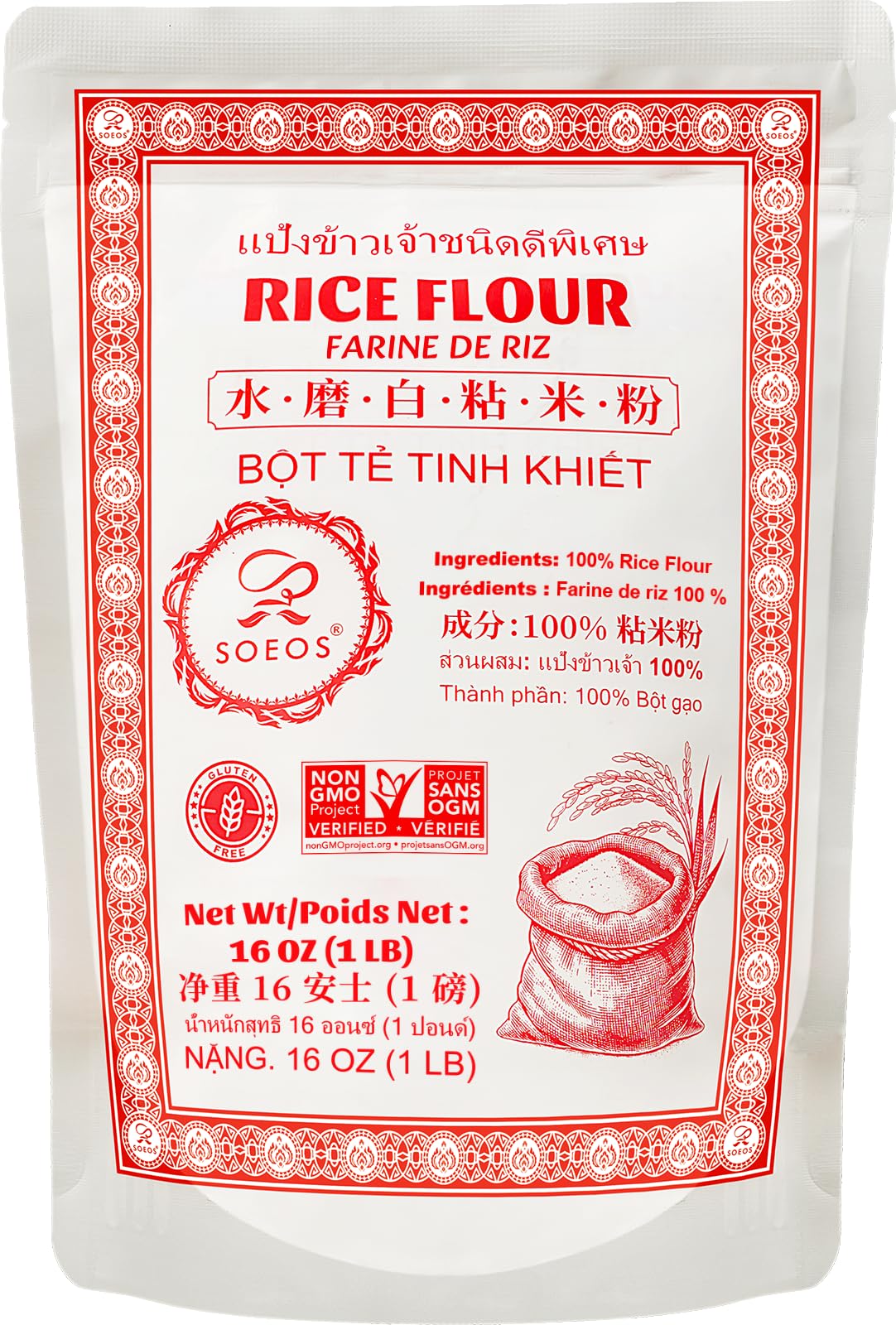 Soeos Rice Flour 16 Ounce (Basic), 1 Pound (Pack of 1) , Rice Flour for Baking or Cooking with Resealable Bag, All Natural for Sourdough Bread, Vegan
