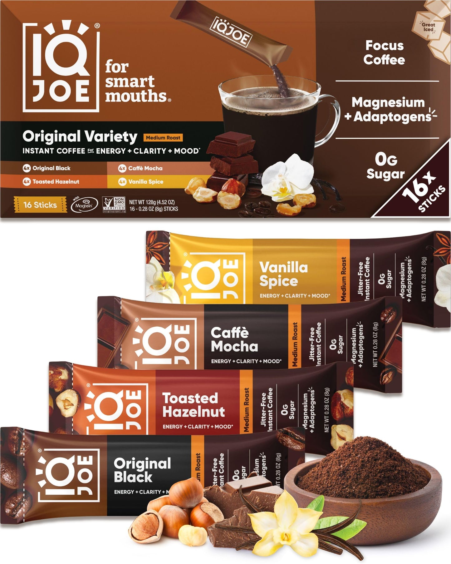 IQJOE Mushroom Coffee Packets - Variety Pack | 16 Stick Packs | Lion's Mane, Magnesium L-Threonate, Adaptogens | Instant Coffee for Jitter-Free Focus