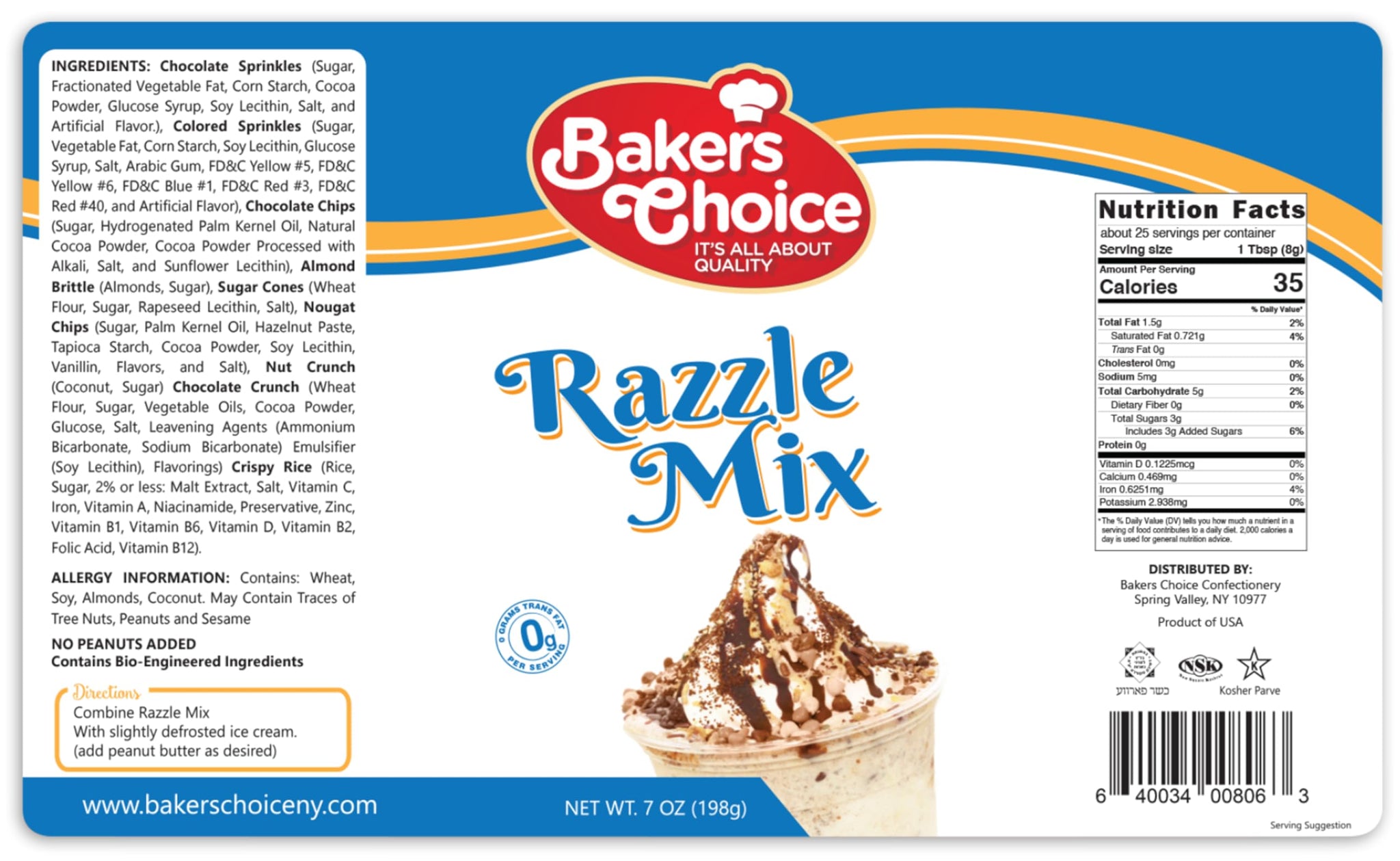 Razzle Crunch Topping - Chocolate, Caramel, Butterscotch and Nut Mix - Sprinkles for Ice Cream Sundae Toppings - 7 oz. - Dairy Free, Kosher - Baker’s