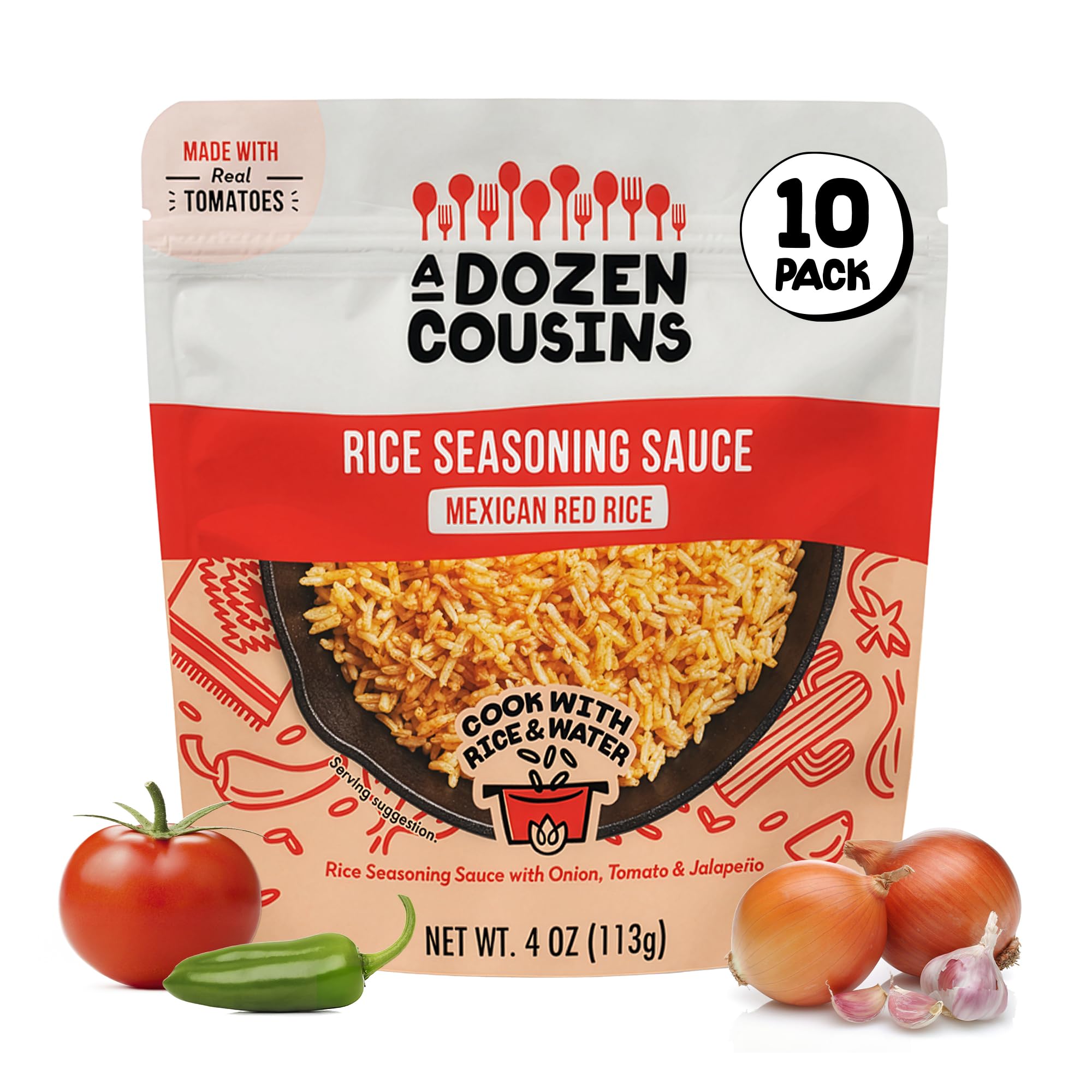 A Dozen Cousins Mexican Rice Seasoning Sauce (10 Pack), Pour & Mix Red Rice Starter with Tomato, Onion, Garlic & Jalapeño, Avocado Oil, Gluten Free