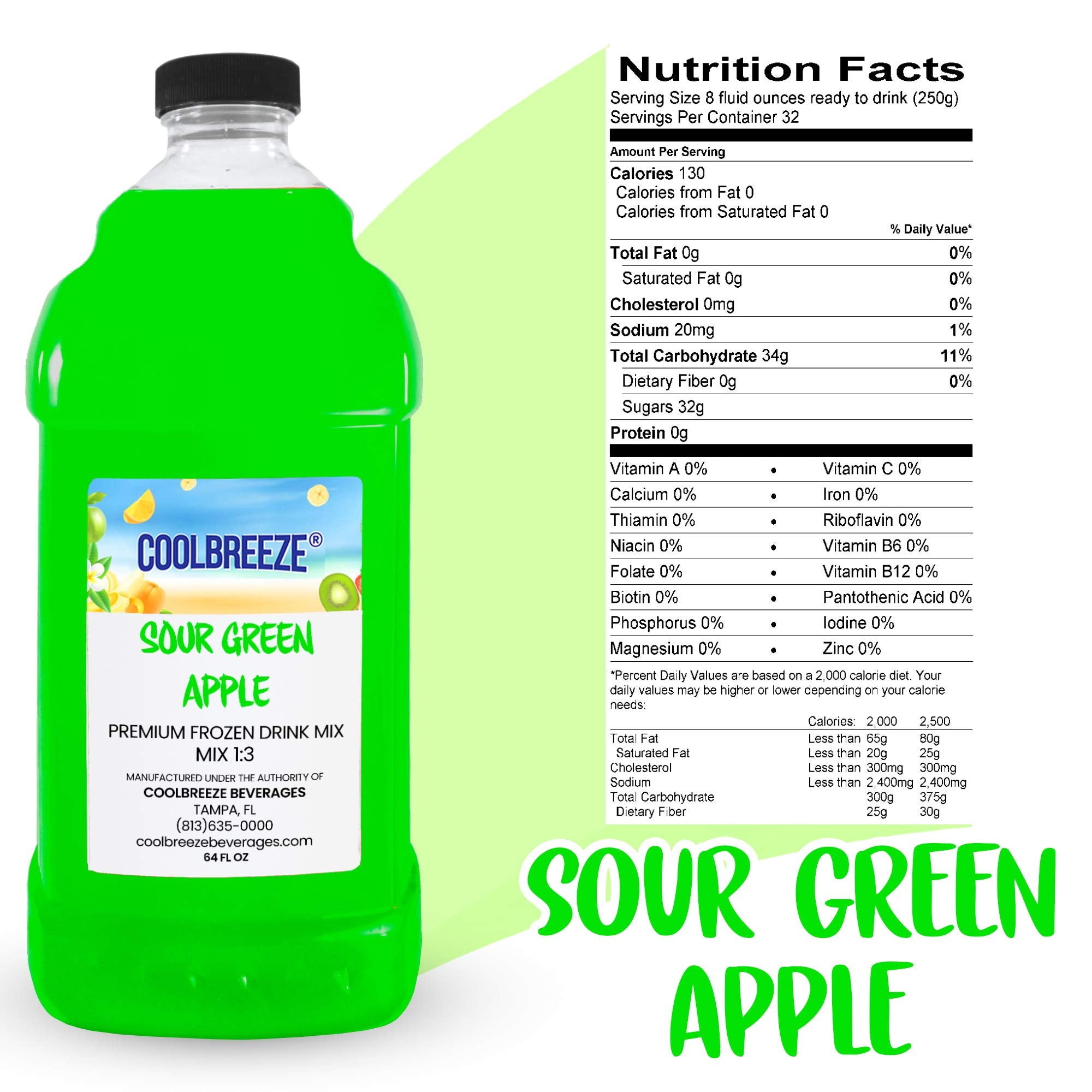 Coolbreeze Sour Green Apple Frozen Drink Machine Mix - Ready to Use Frozen Slushie Flavor Syrup - 1/2 Gallon Bottle
