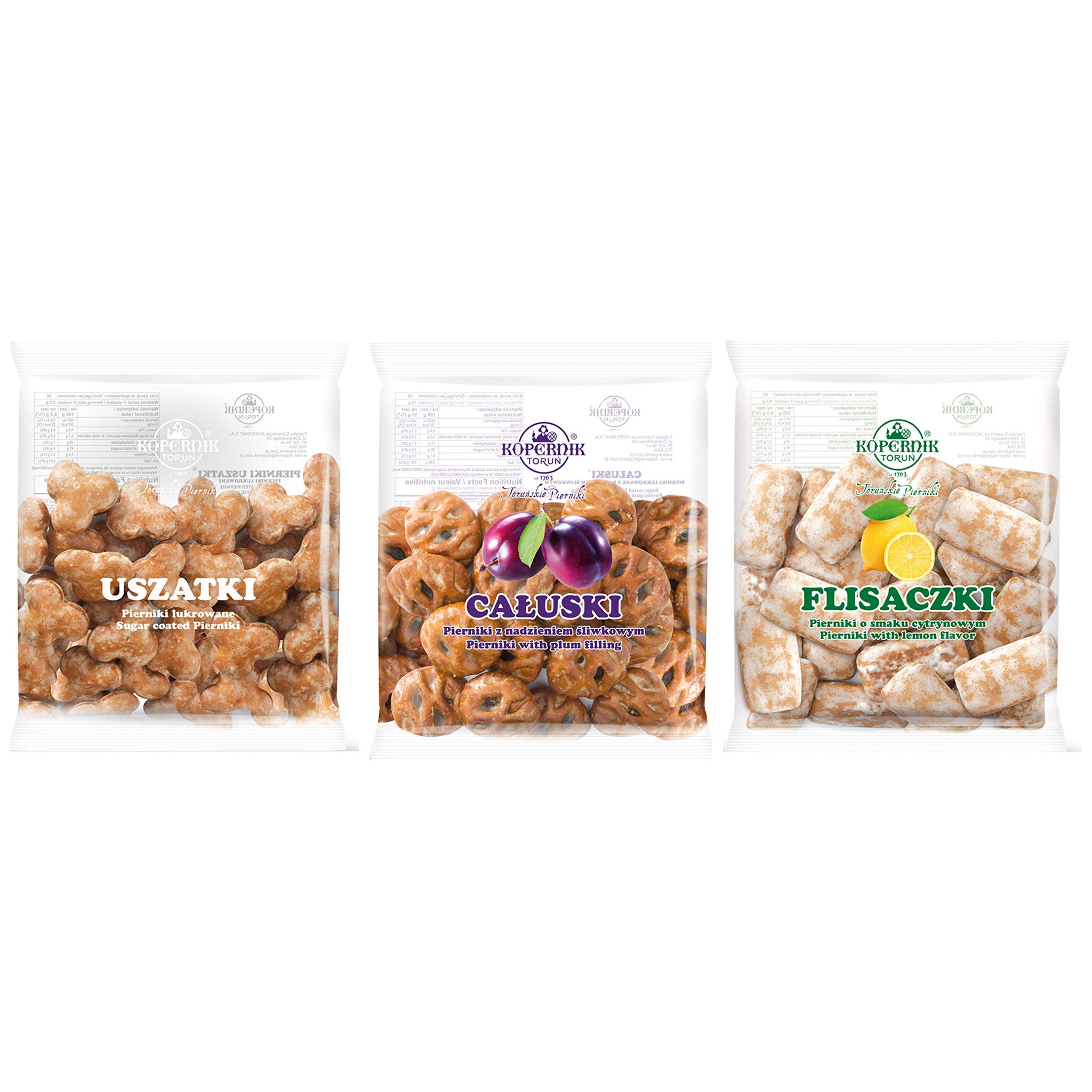 KOPERNIK PIERNIKI USZATKI (5.39 oz), CALUSKI (4.94 oz), FLISACZKI (5.39 oz) Sugar Coated Gingerbread x 3 pack. Product from Poland. Packing by Granda.