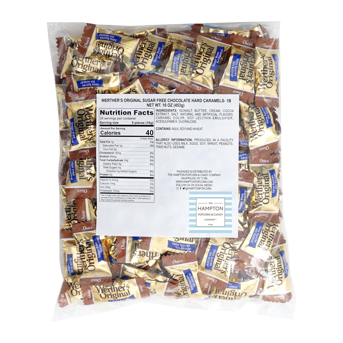 Werthers Sugar Free Hard Candy Chocolate Caramels, 1 Pound Bulk Bag, Individually Wrapped Sugar Free Werthers Candy, The Hampton Popcorn & Candy