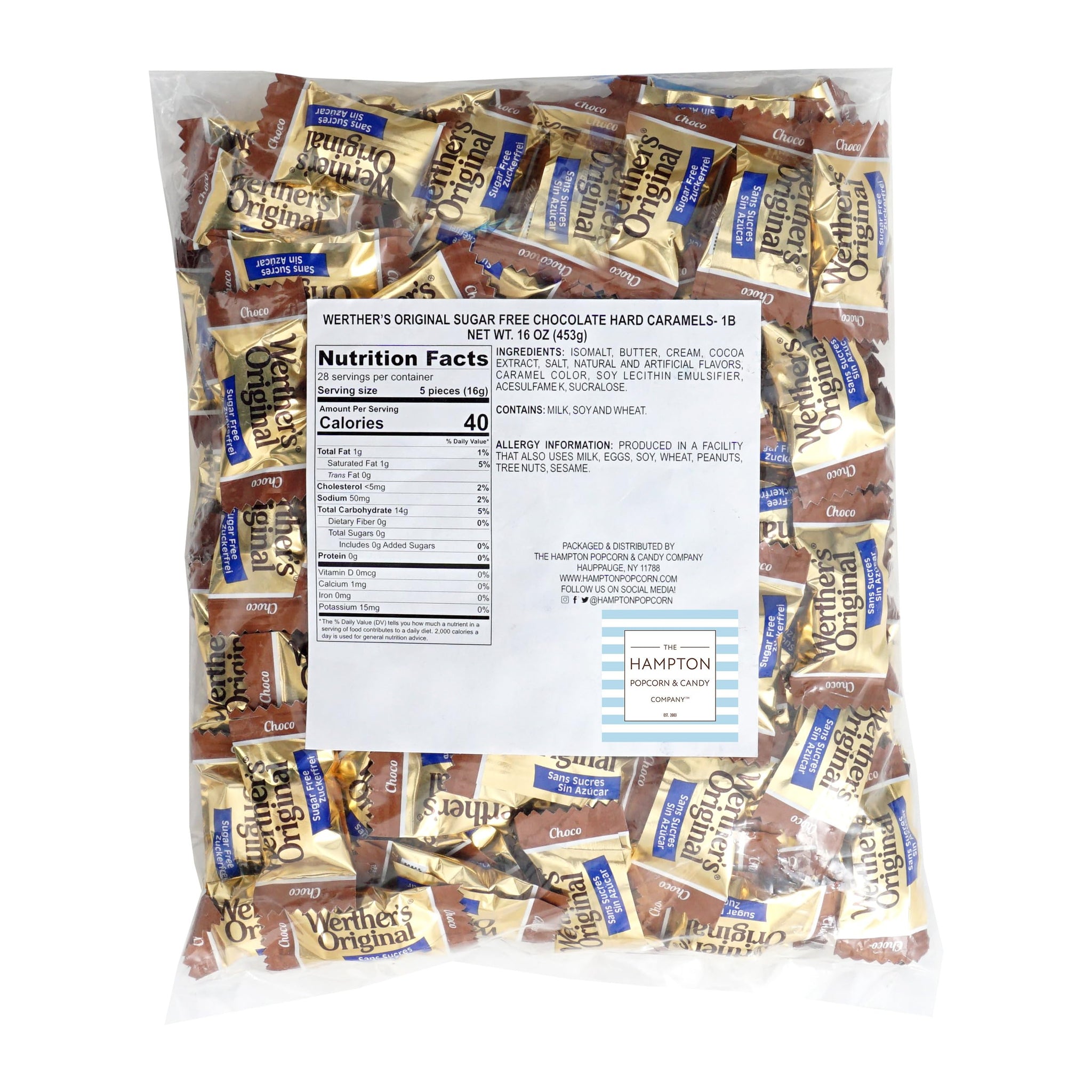 Werthers Sugar Free Hard Candy Chocolate Caramels, 1 Pound Bulk Bag, Individually Wrapped Sugar Free Werthers Candy, The Hampton Popcorn & Candy