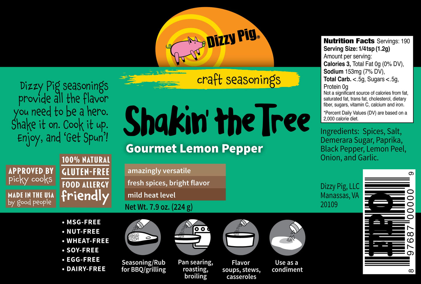 Dizzy Pig Shakin' the Tree Gourmet Lemon Pepper Seasoning Rub (8oz Shaker) - Seasons 30+lbs of Food - Hand Made in the USA - MSG Free, Gluten Free
