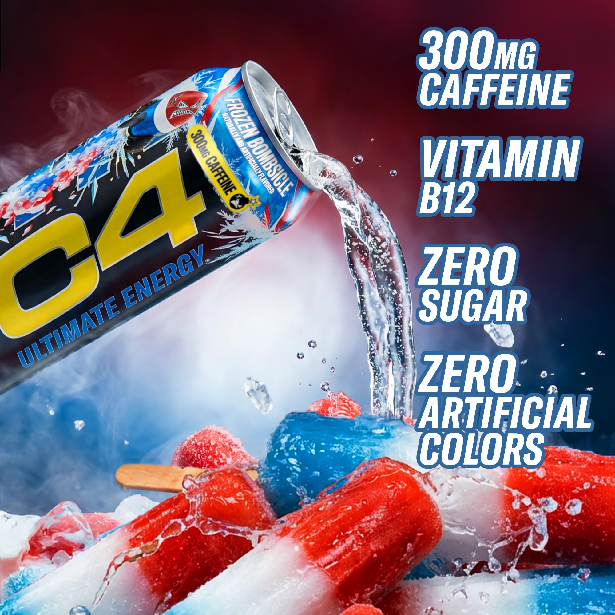 C4 Ultimate Energy Drink, 300mg Caffeine, Zero Sugar, High-Performance Energy for Pre-Workout, Endurance, and Focus, Frozen Bombsicle, 16oz (Pack