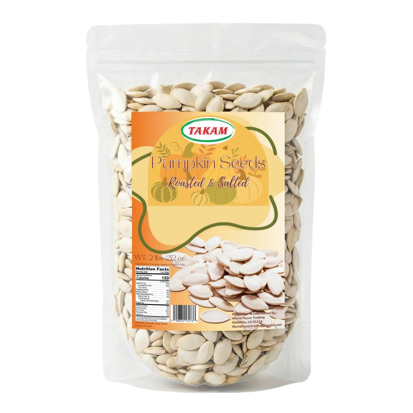 TAKAM Roasted & Salted Pumpkin Seeds (In Shell), Jumbo Size, Product of Jordan, 2 lbs (32 oz) Resealable Bag