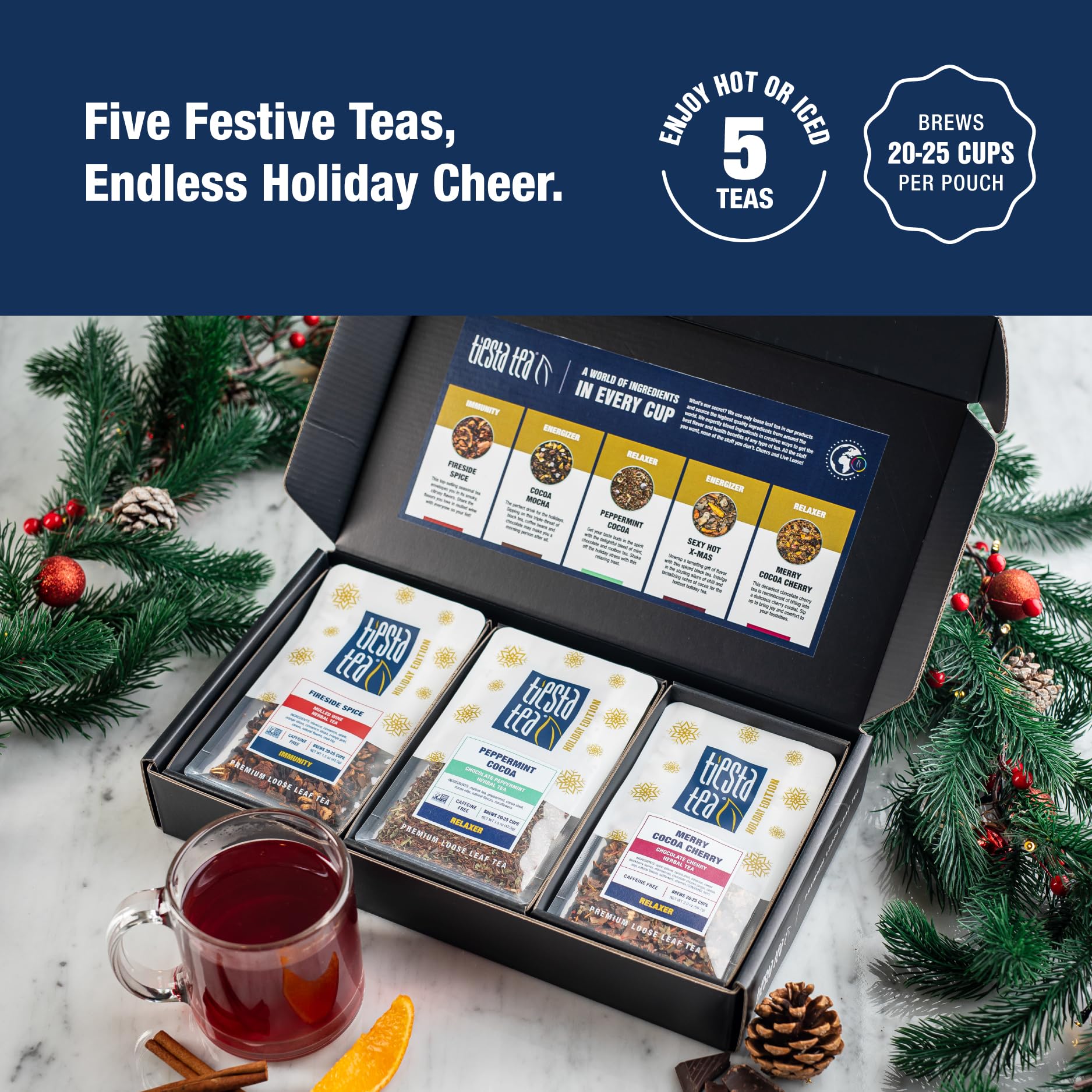 Tiesta Tea - Santa's Bag Tea Gift Set, High to Non-Caffeinated Assorted Blends, 5 Individual Resealable Pouches for Hot & Iced Brews Variety Pack