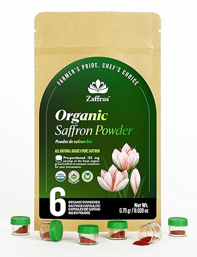 Zaffrus - Certified Organic Premium Saffron Powder for Cooking Saffron Rice, Paella, Risotto, Soup, Desserts & Herbal Teas. Pack of 6 (.75 gram/ .026