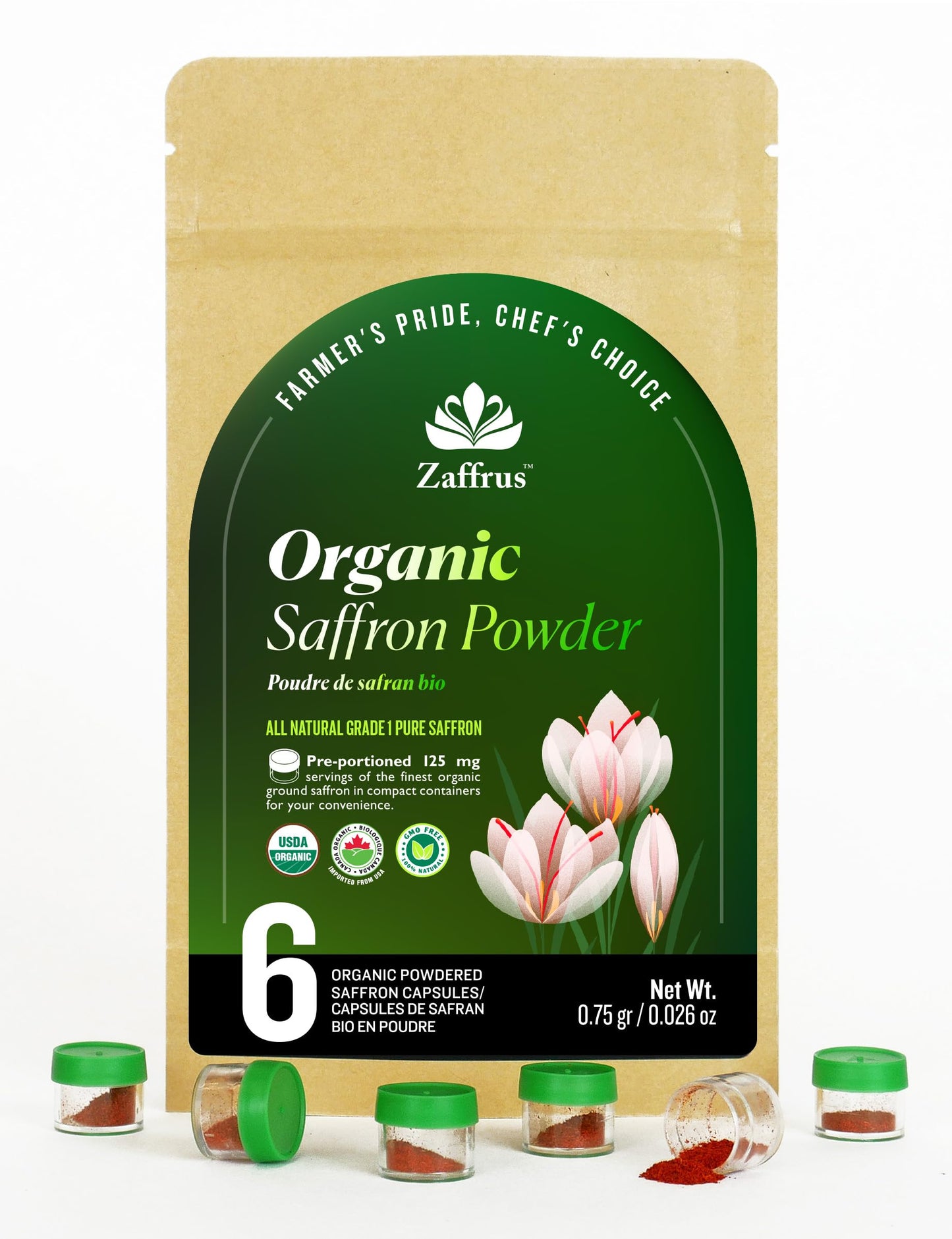 Zaffrus - Certified Organic Premium Saffron Powder for Cooking Saffron Rice, Paella, Risotto, Soup, Desserts & Herbal Teas. Pack of 6 (.75 gram/ .026