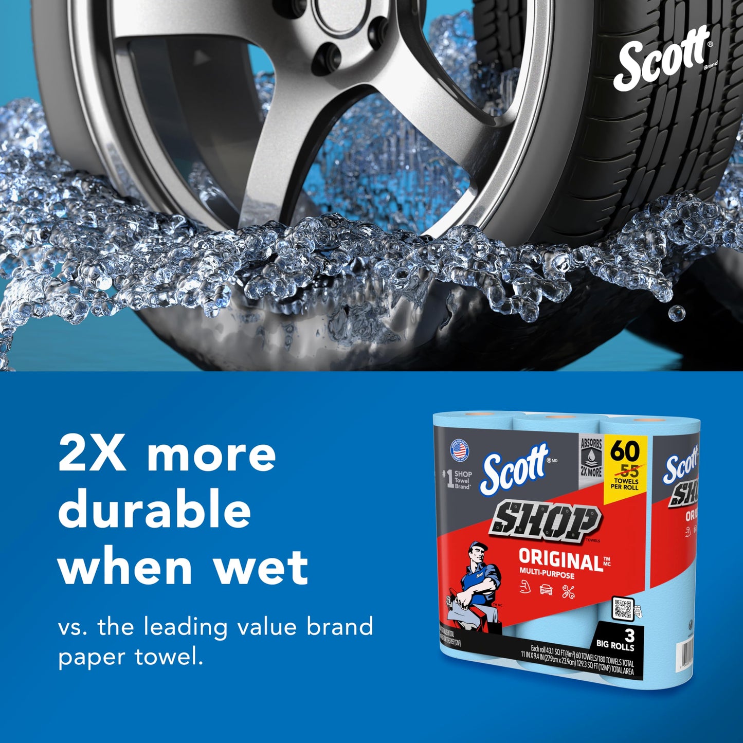 Scott® Shop Towels Original™ (58145), Blue Shop Towels, 1 Pack of 3 Big Rolls, Large 11"x9.4" Towel, (60 Sheet/Roll, 180 Sheet Total)